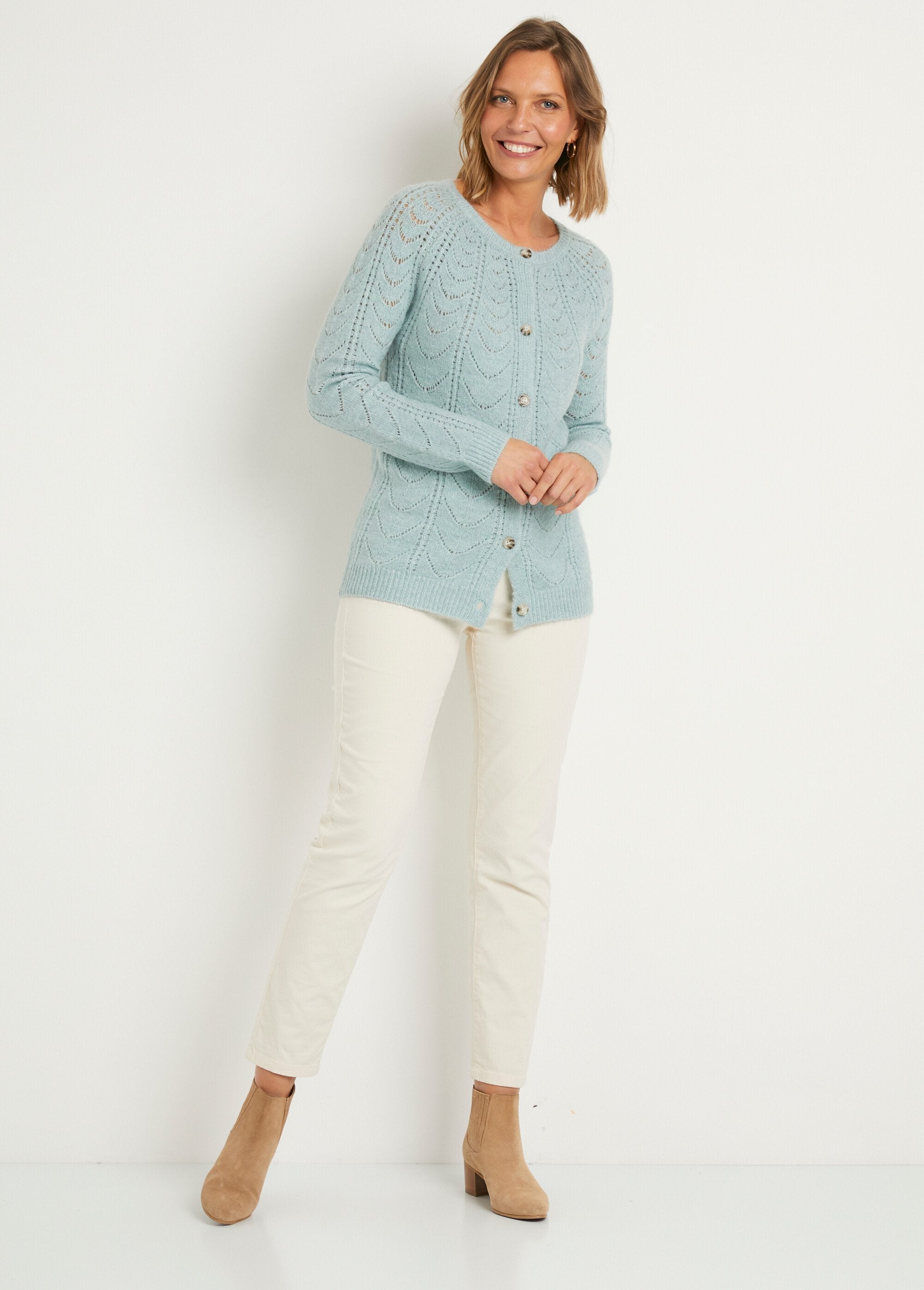 Gilet_cardigan_boutonné_chiné_ajouré_col_rond_Aqua_SF1_slim