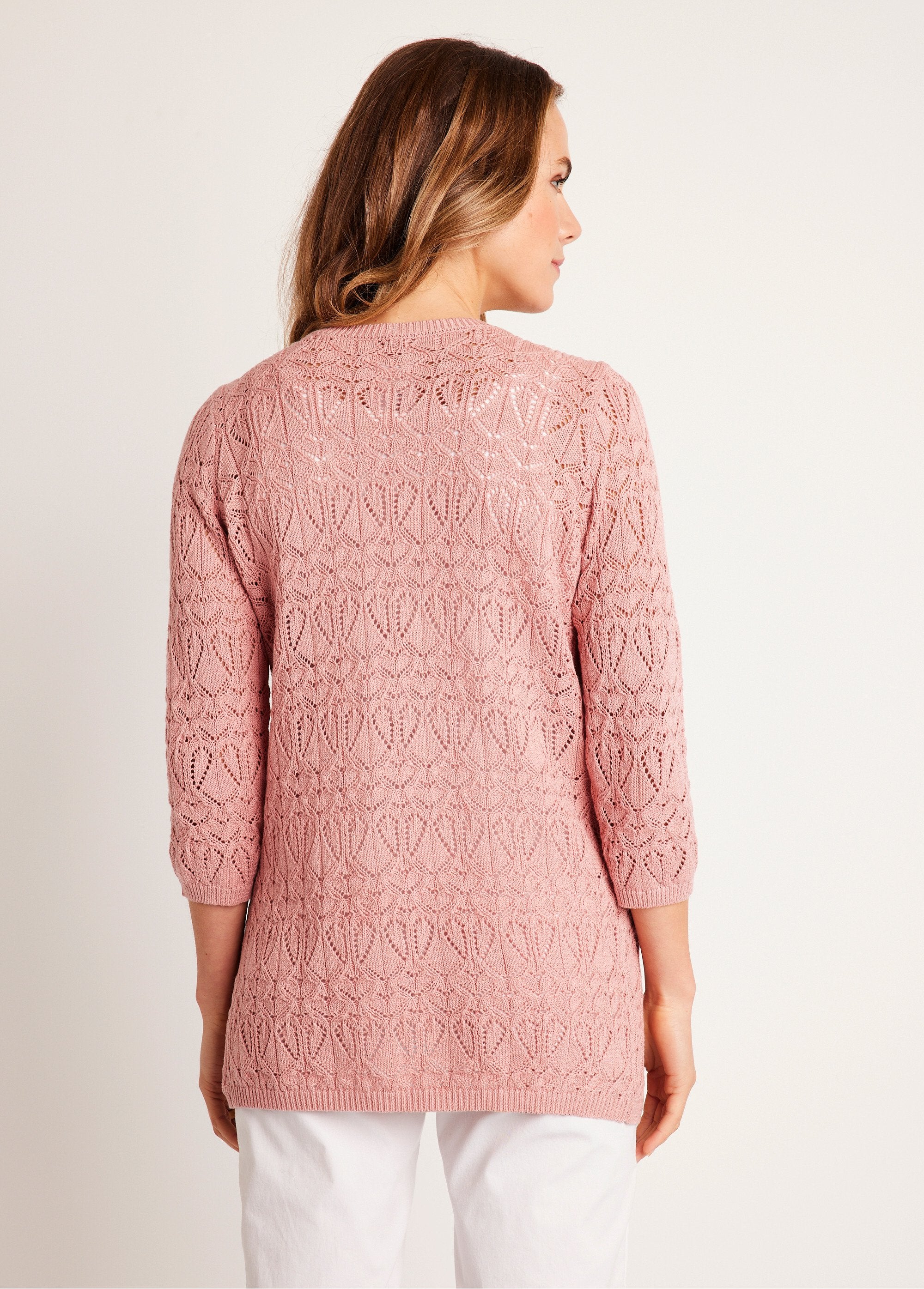 Gilet_long_ajouré_coton_manches_3/4_Rose_poudre_DO1_slim