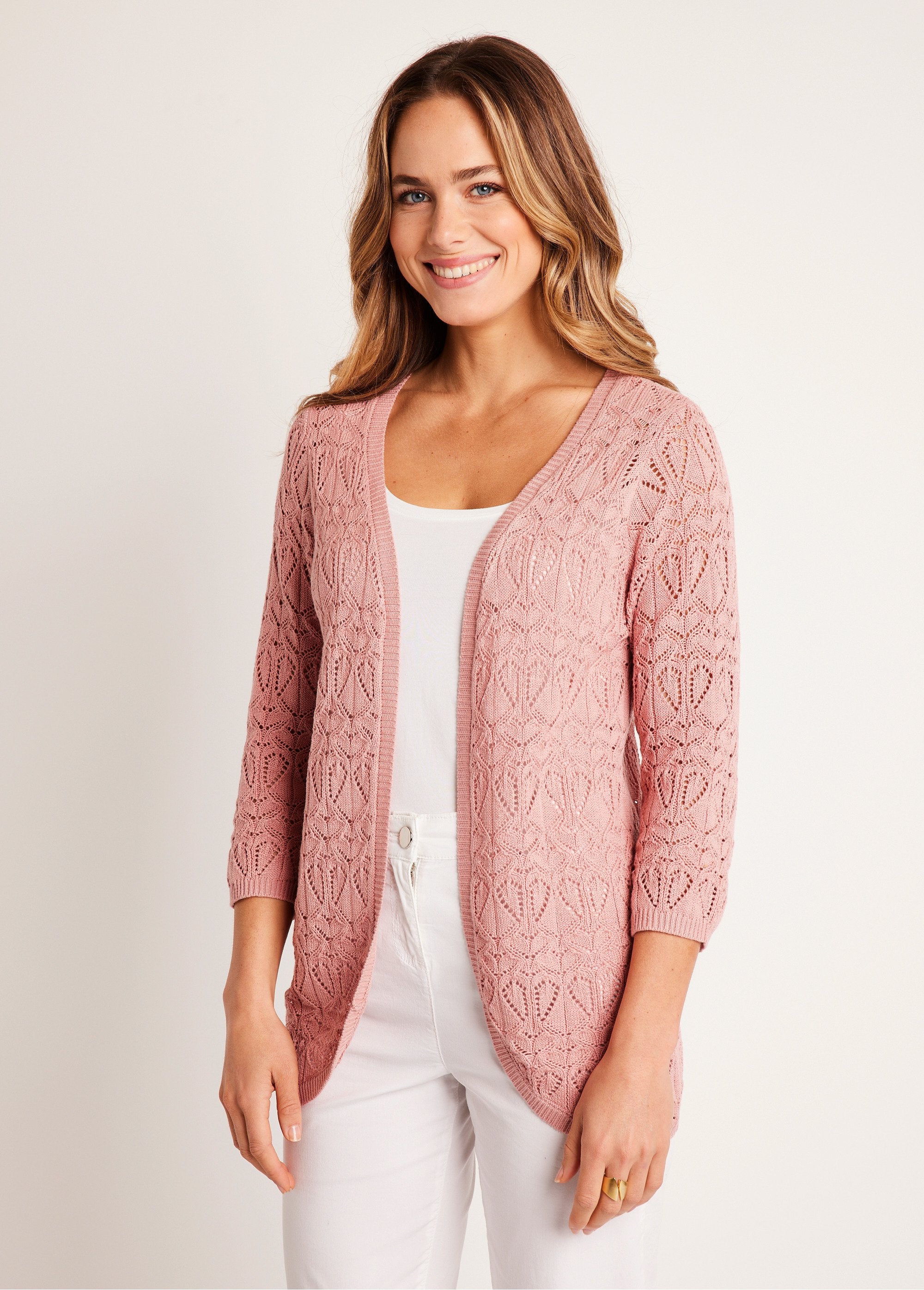 Gilet_long_ajouré_coton_manches_3/4_Rose_poudre_FA1_slim