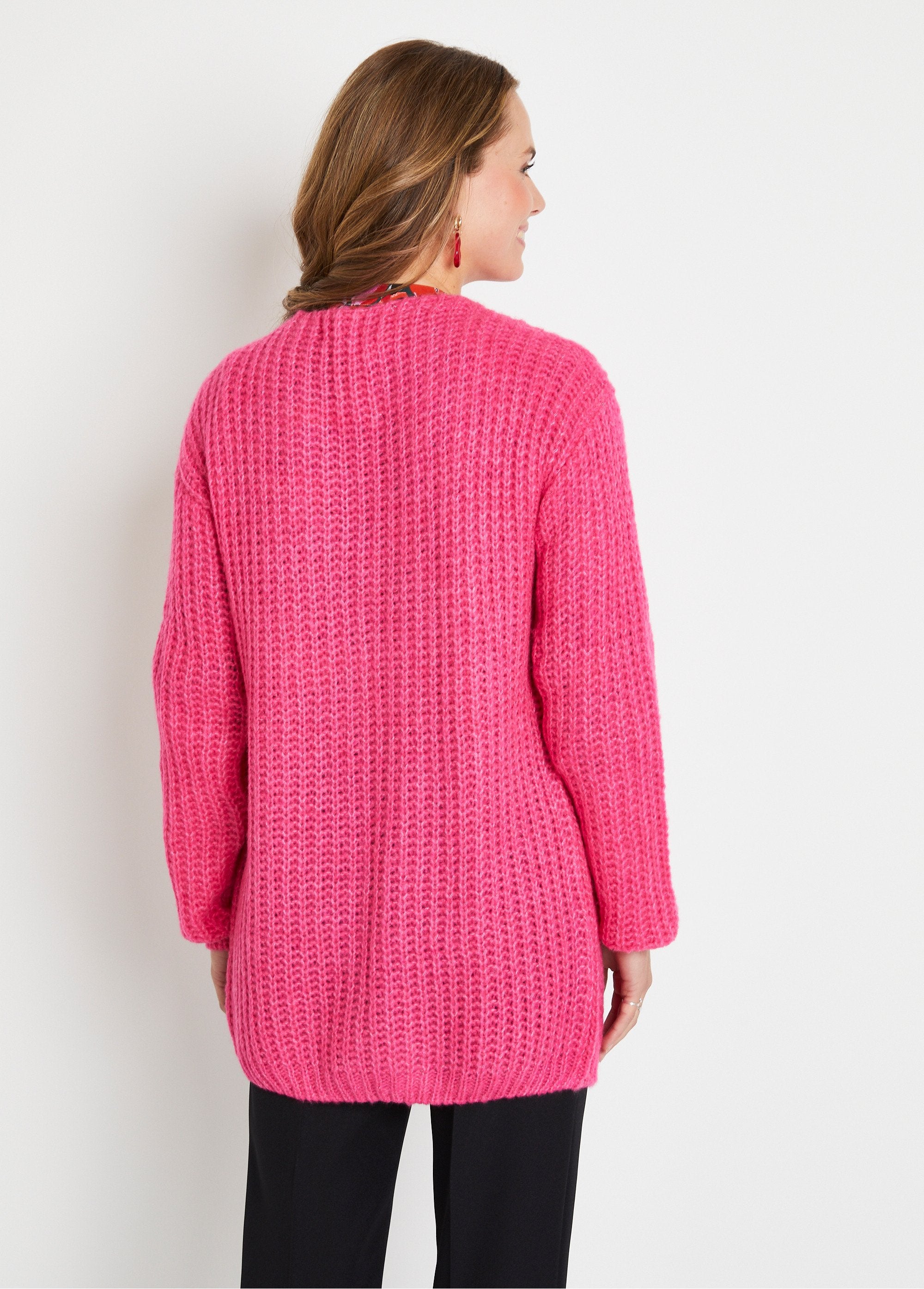 Gilet_long_uni_bord_à_bord_grosse_maille_Fuchsia_DO1_slim