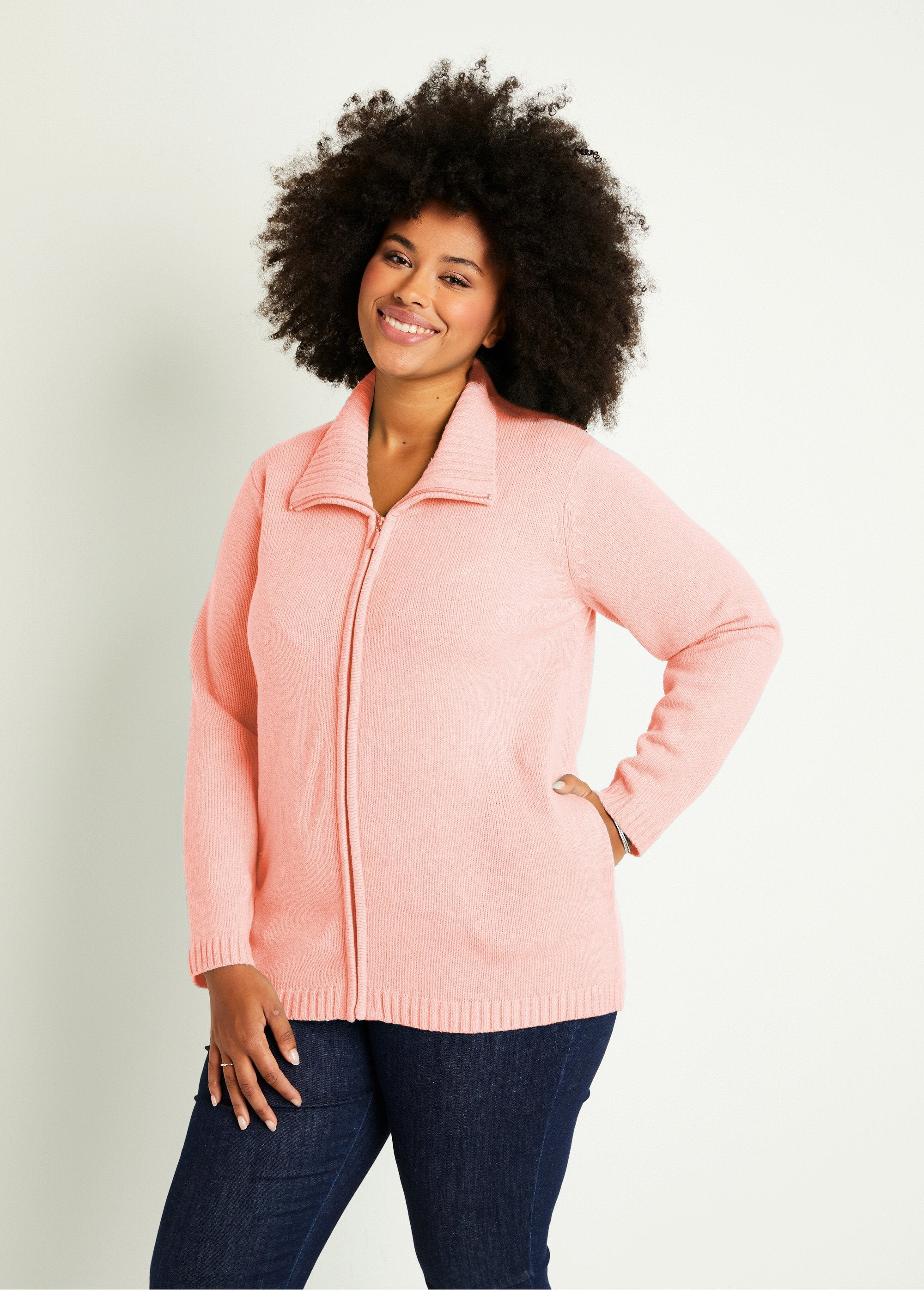 Gilet_zippé_long_uni_col_montant_Rose_FA1_curvy