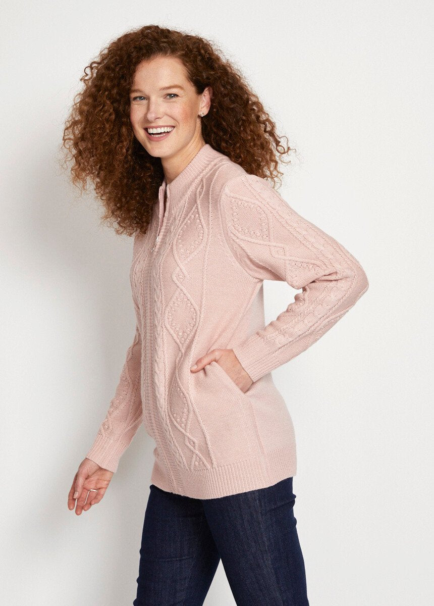 Gilet_zippé_chaud_col_montant_torsades_Rose_DR1_slim