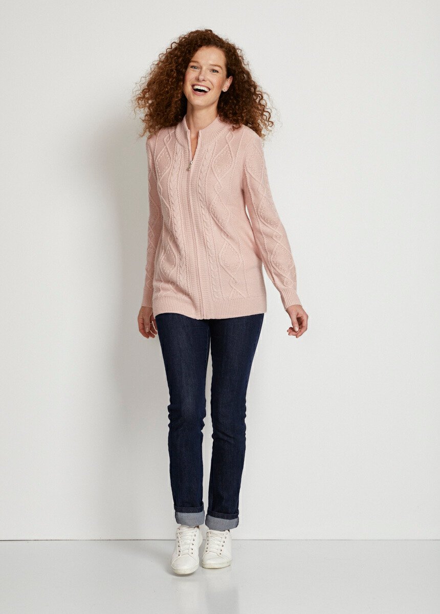 Gilet_zippé_chaud_col_montant_torsades_Rose_SF1_slim