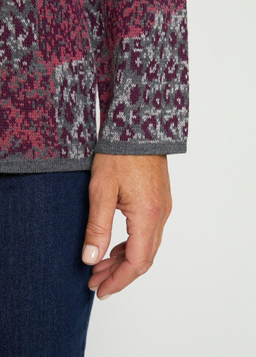 Gilet_zippé_mi-long_jacquard_léopard_Gris_et_cassis_DE2_slim