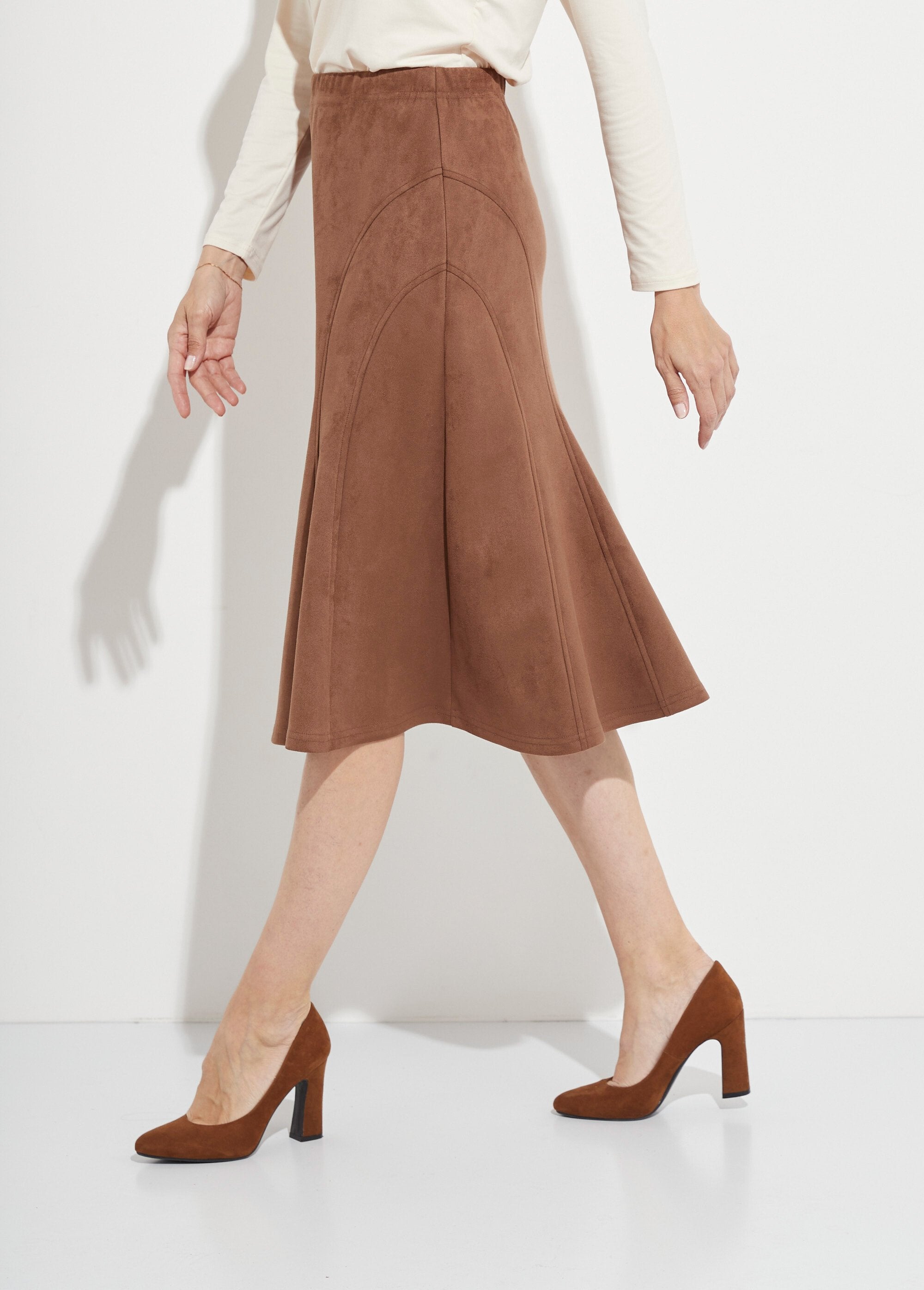 Jupe_longue_évasée_maille_suédée_Camel_DR1_slim