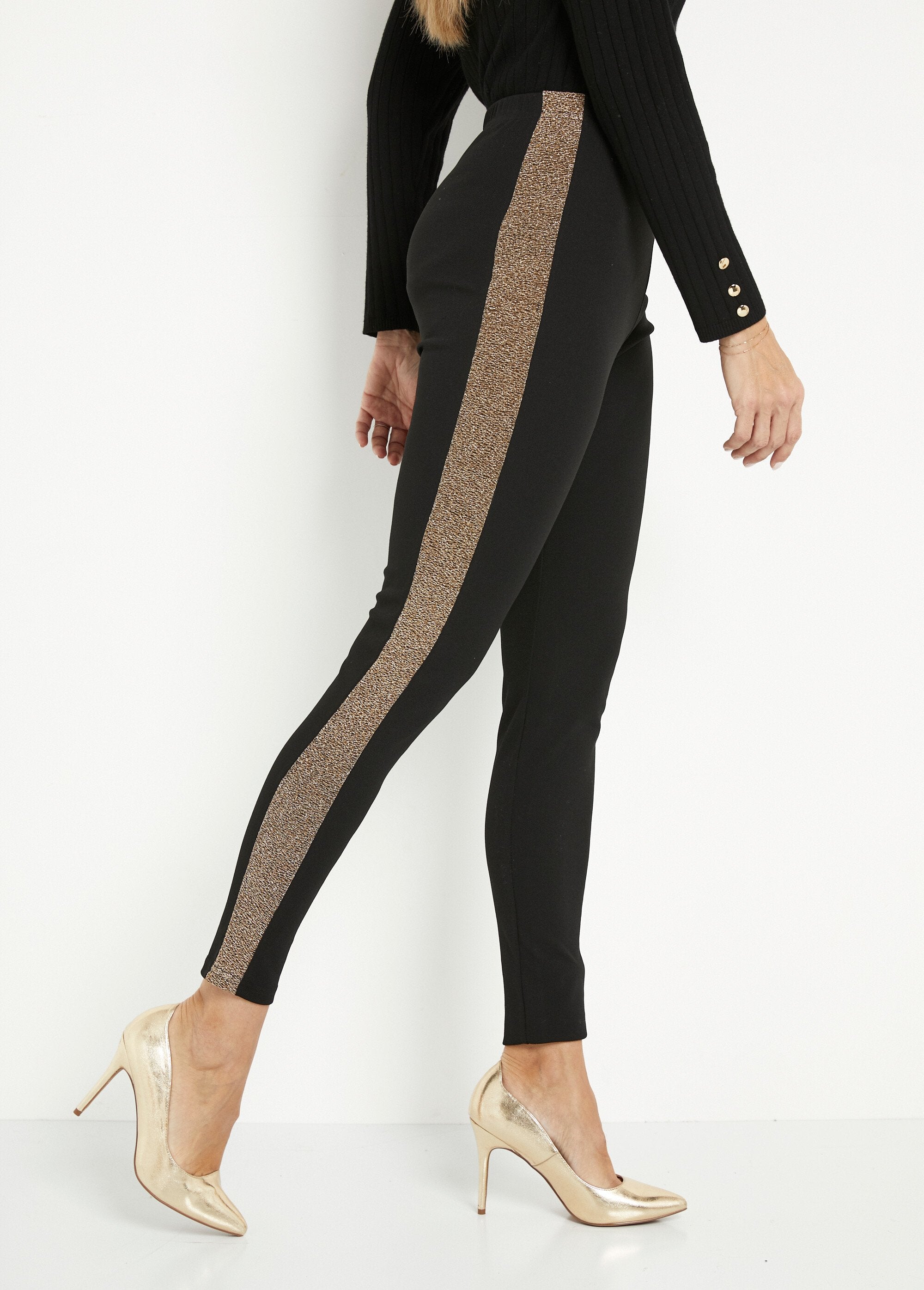 Legging_met_elastische_tailleband_en_glanzende_zijkanten_Noir_et_or_DR1_slim