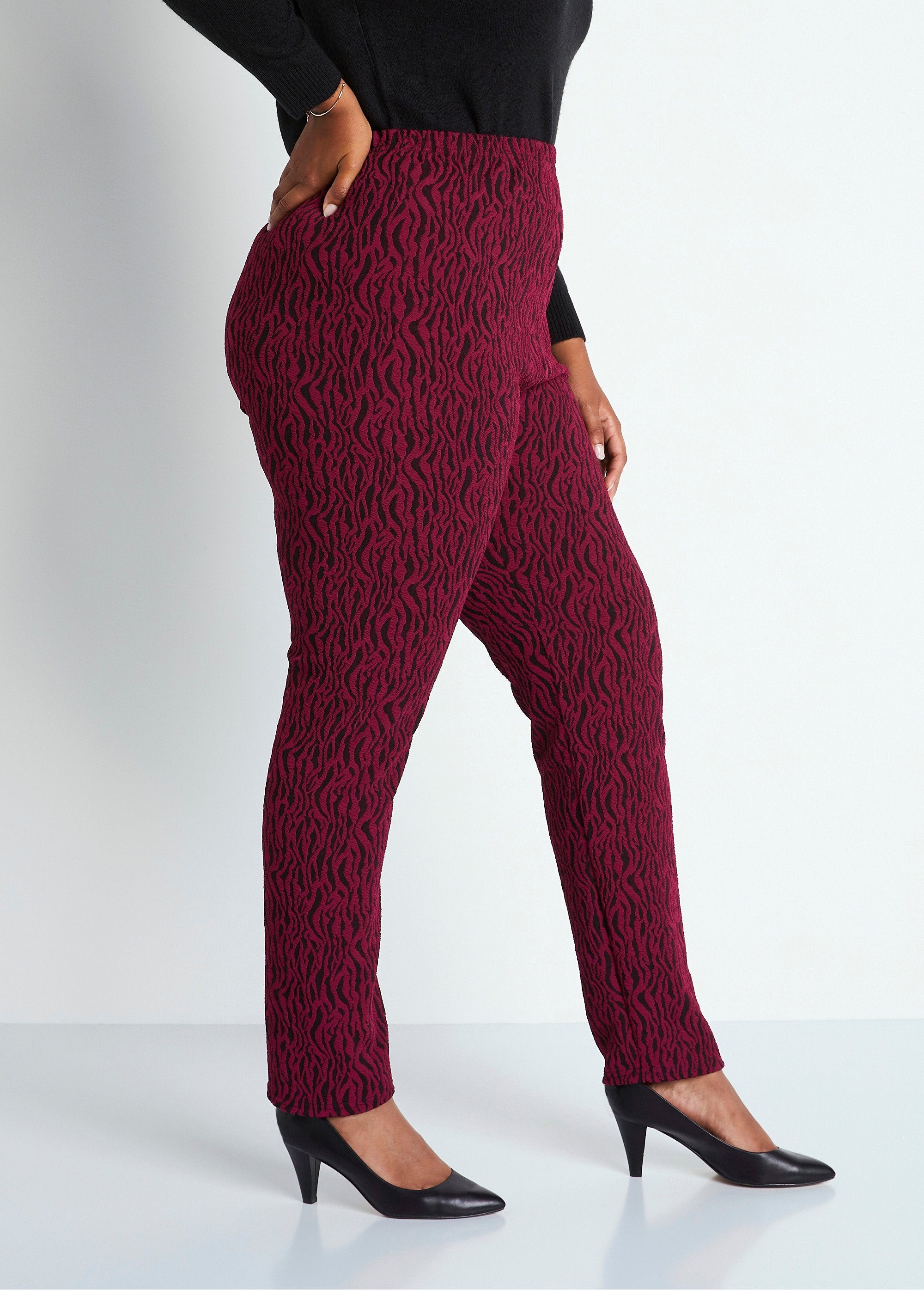 Legging_taille_élastiquée_maille_jacquard_Bordeaux_zebre_DR1_curvy