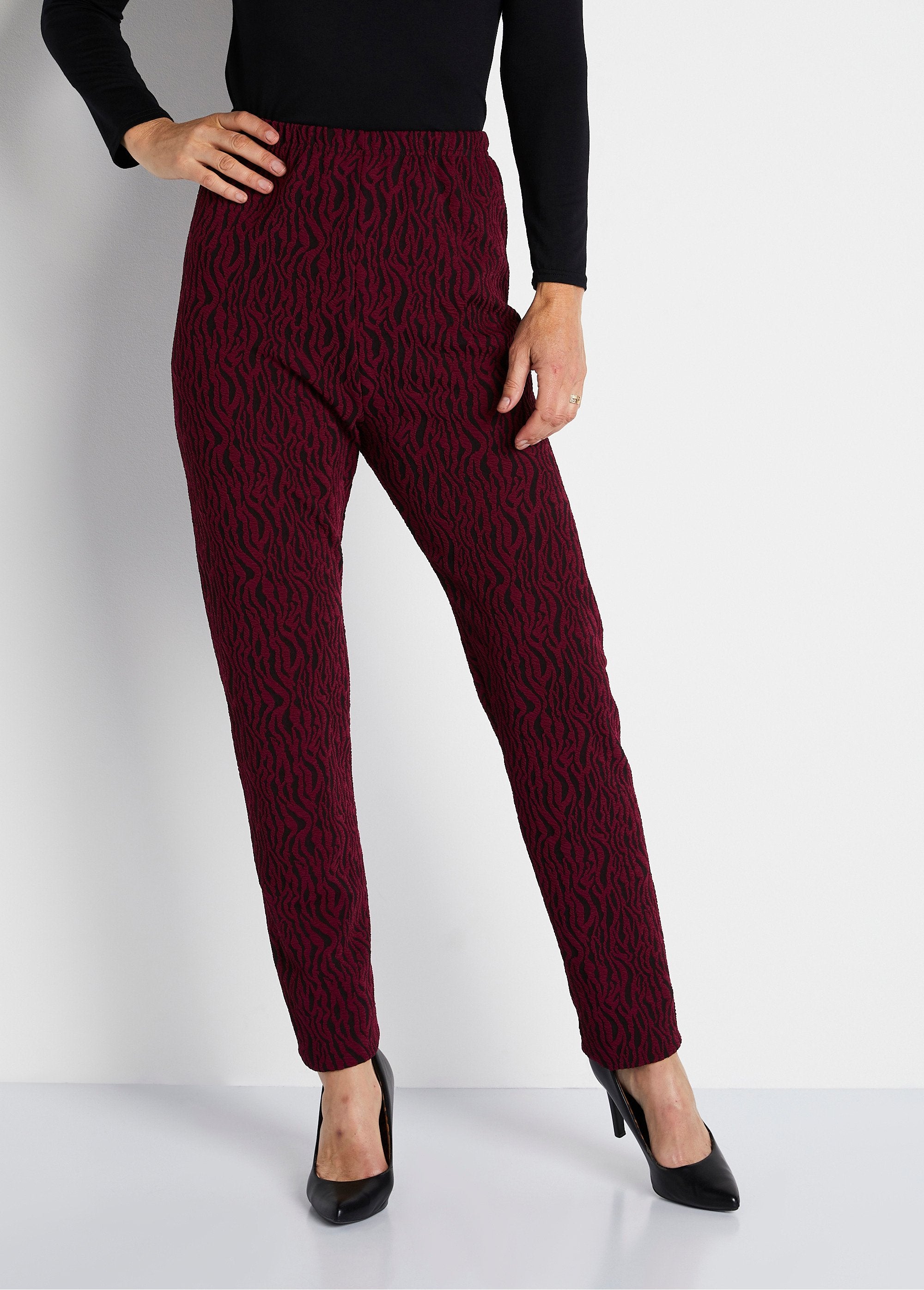 Legging_taille_élastiquée_maille_jacquard_Bordeaux_zebre_FA1_slim