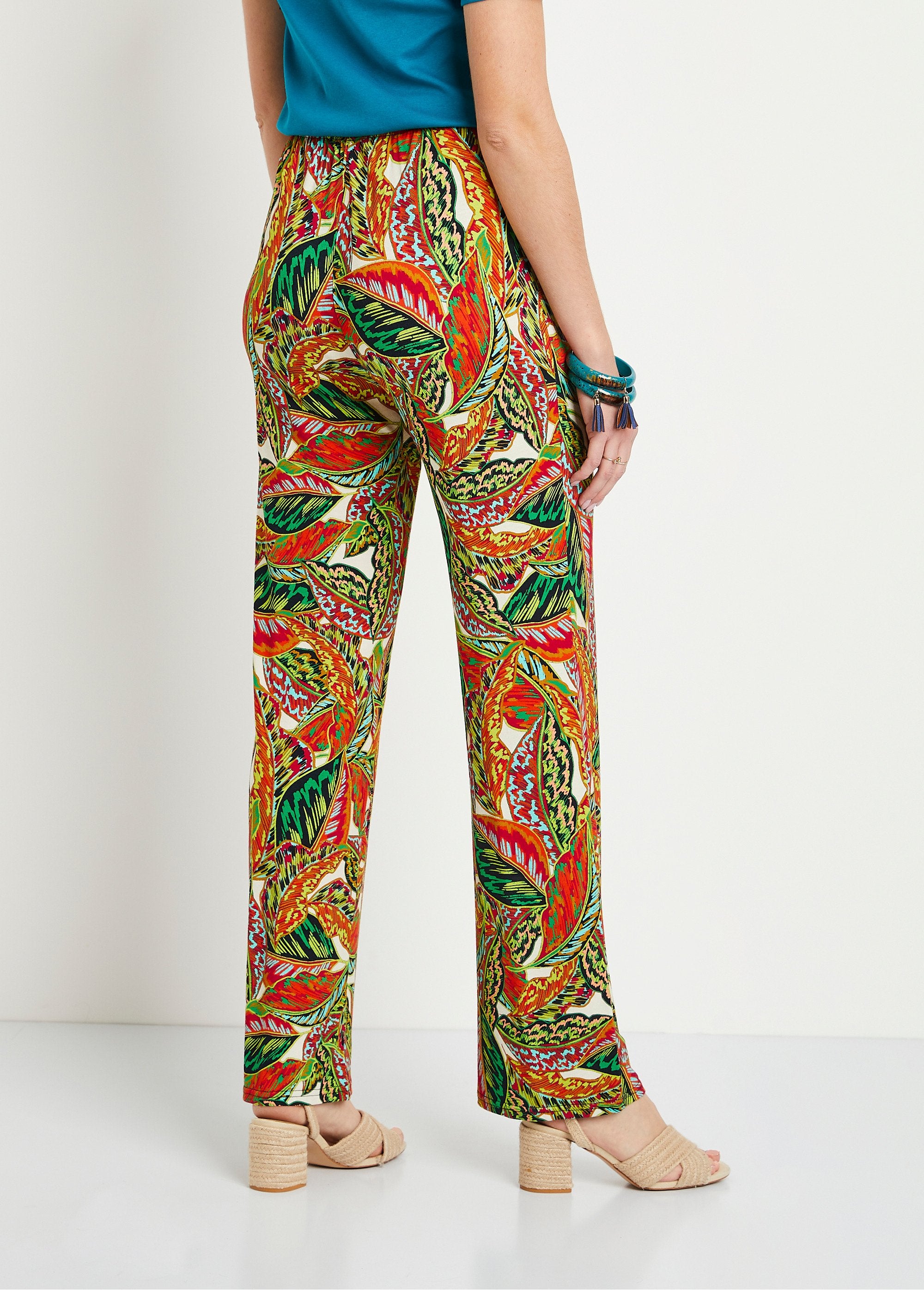 Pantalon_ceinture_élastiquée_motif_feuillage_Vert_et_rouge_DO1_slim