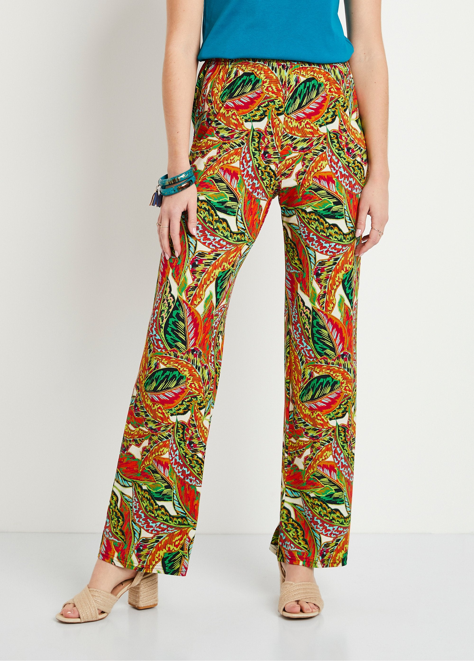 Pantalon_ceinture_élastiquée_motif_feuillage_Vert_et_rouge_FA1_slim