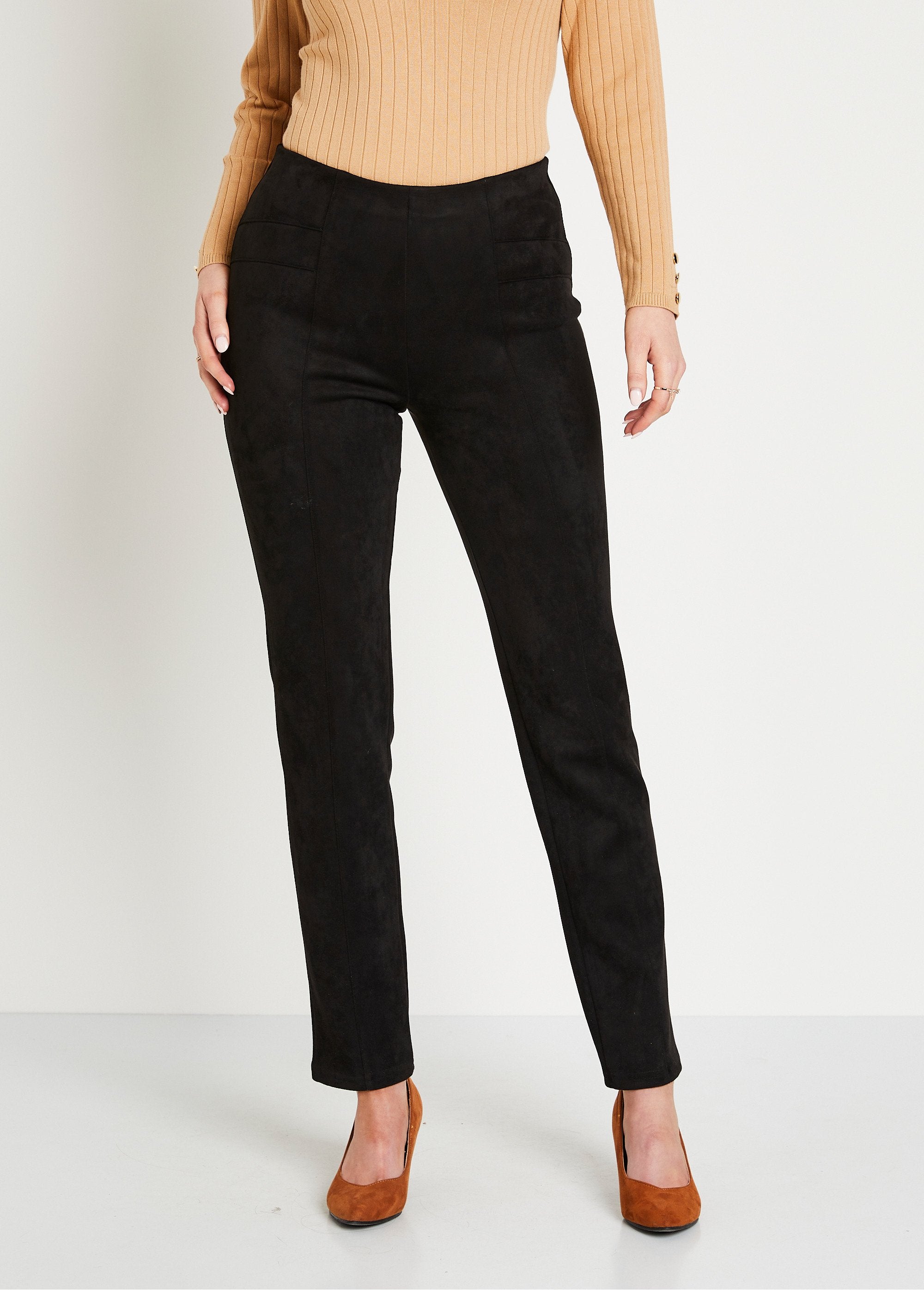 Pantalon_droit_ceinture_élastiquée_maille_suédée_Noir_FA1_slim