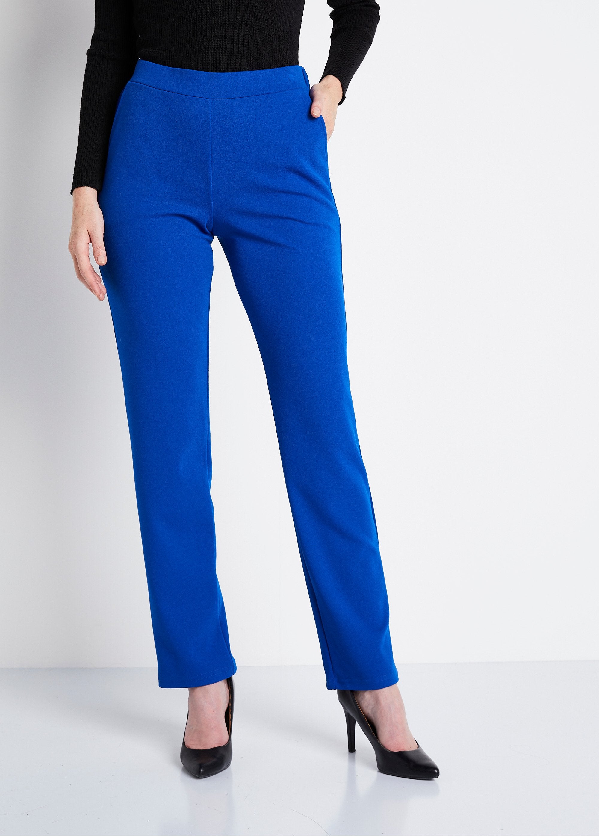 Pantalon_droit_taille_élastiquée_maille_crêpe_Bleu_dur_FA1_slim