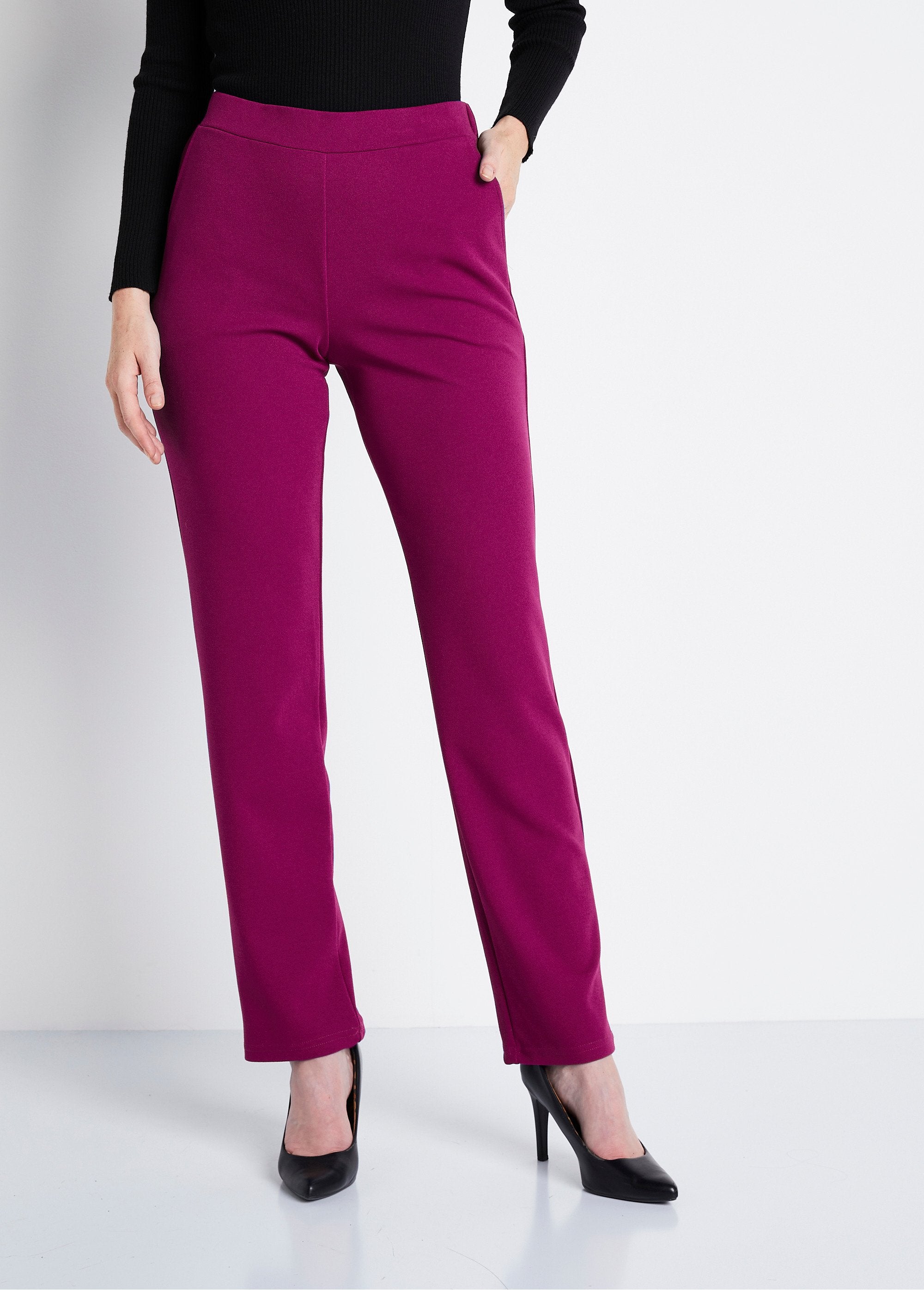 Pantalon_droit_taille_élastiquée_maille_crêpe_Cassis_FA1_slim