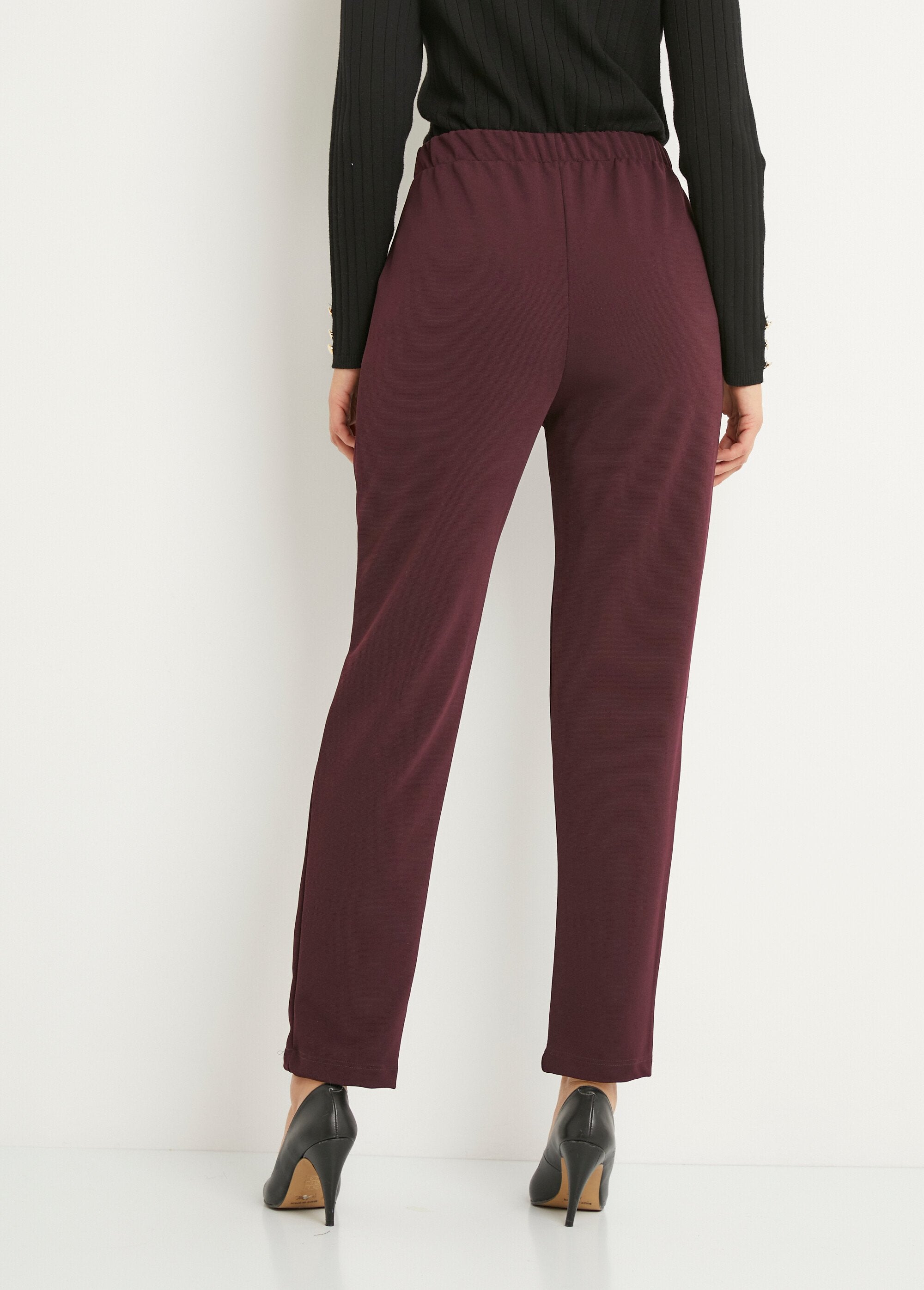 Pantalon_droit_taille_élastiquée_maille_stretch_Bordeaux_DO1_slim