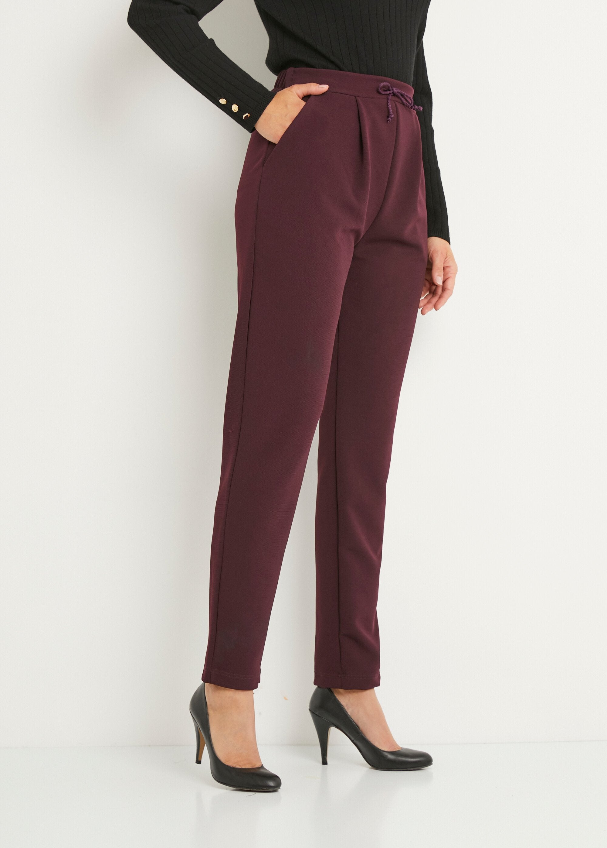 Pantalon_droit_taille_élastiquée_maille_stretch_Bordeaux_DR1_slim