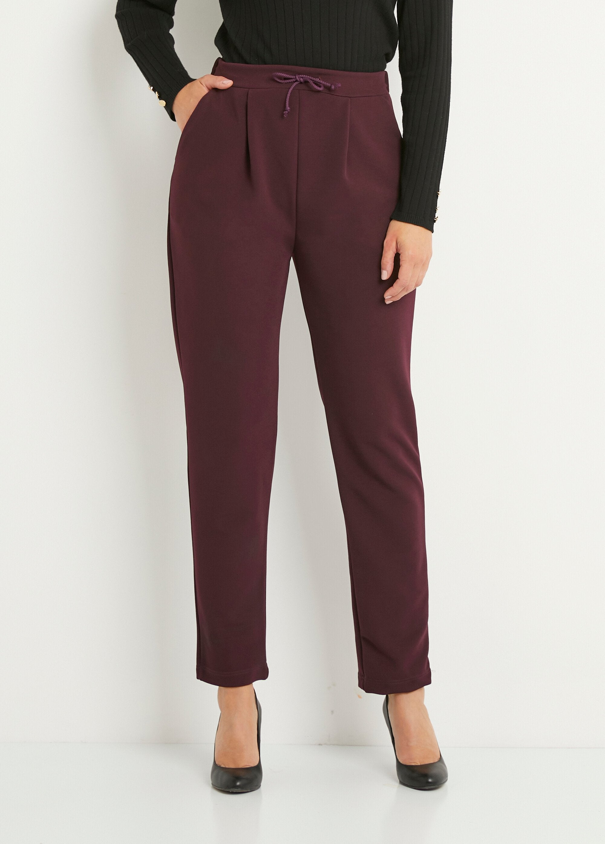 Pantalon_droit_taille_élastiquée_maille_stretch_Bordeaux_FA1_slim