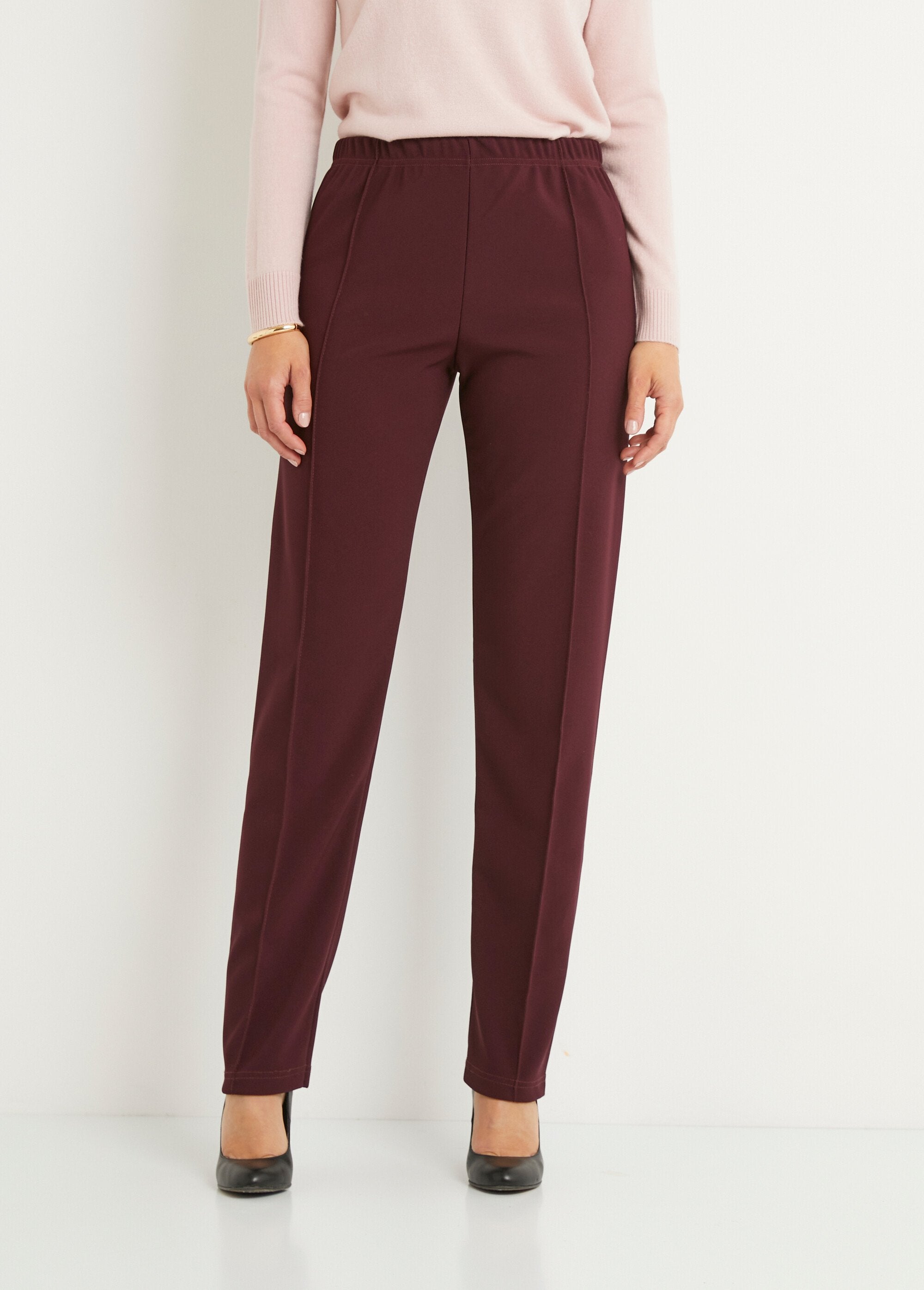 Pantalon_droit_taille_élastiquée_maille_côtelée_Bordeaux_FA1_slim