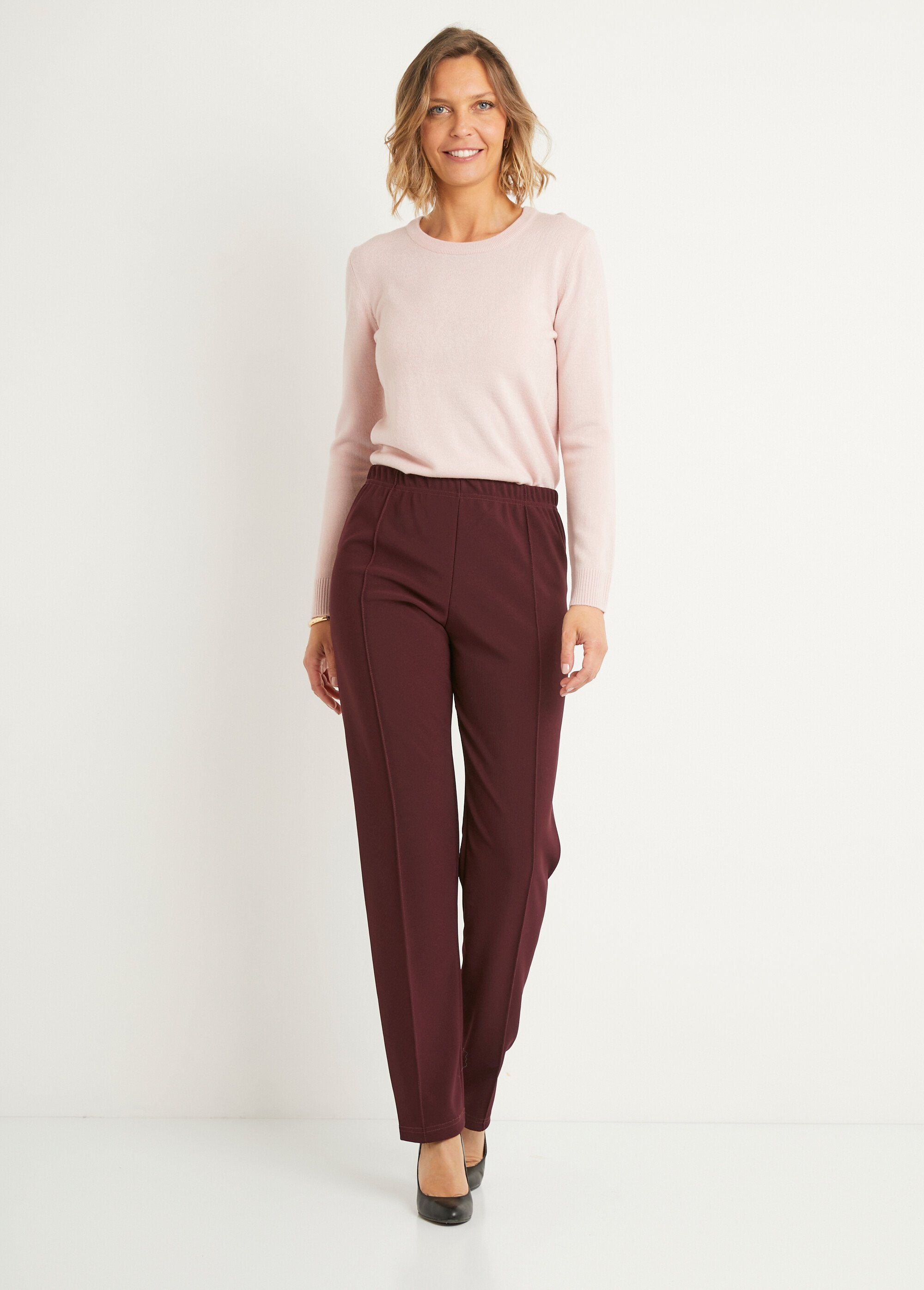 Pantalon_droit_taille_élastiquée_maille_côtelée_Bordeaux_SF1_slim