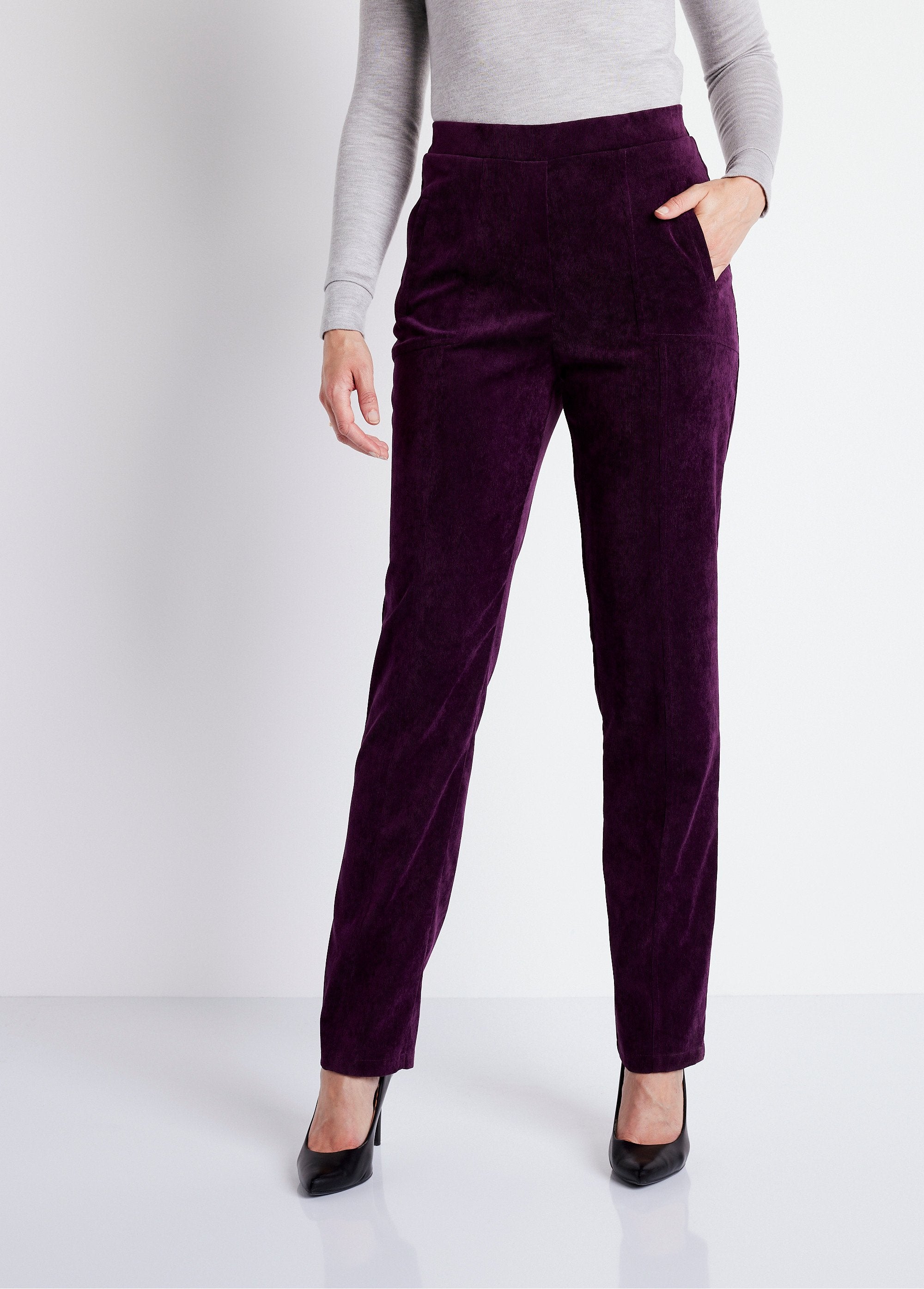 Pantalon_droit_taille_élastiquée_velours_milleraies_Prune_FA1_slim