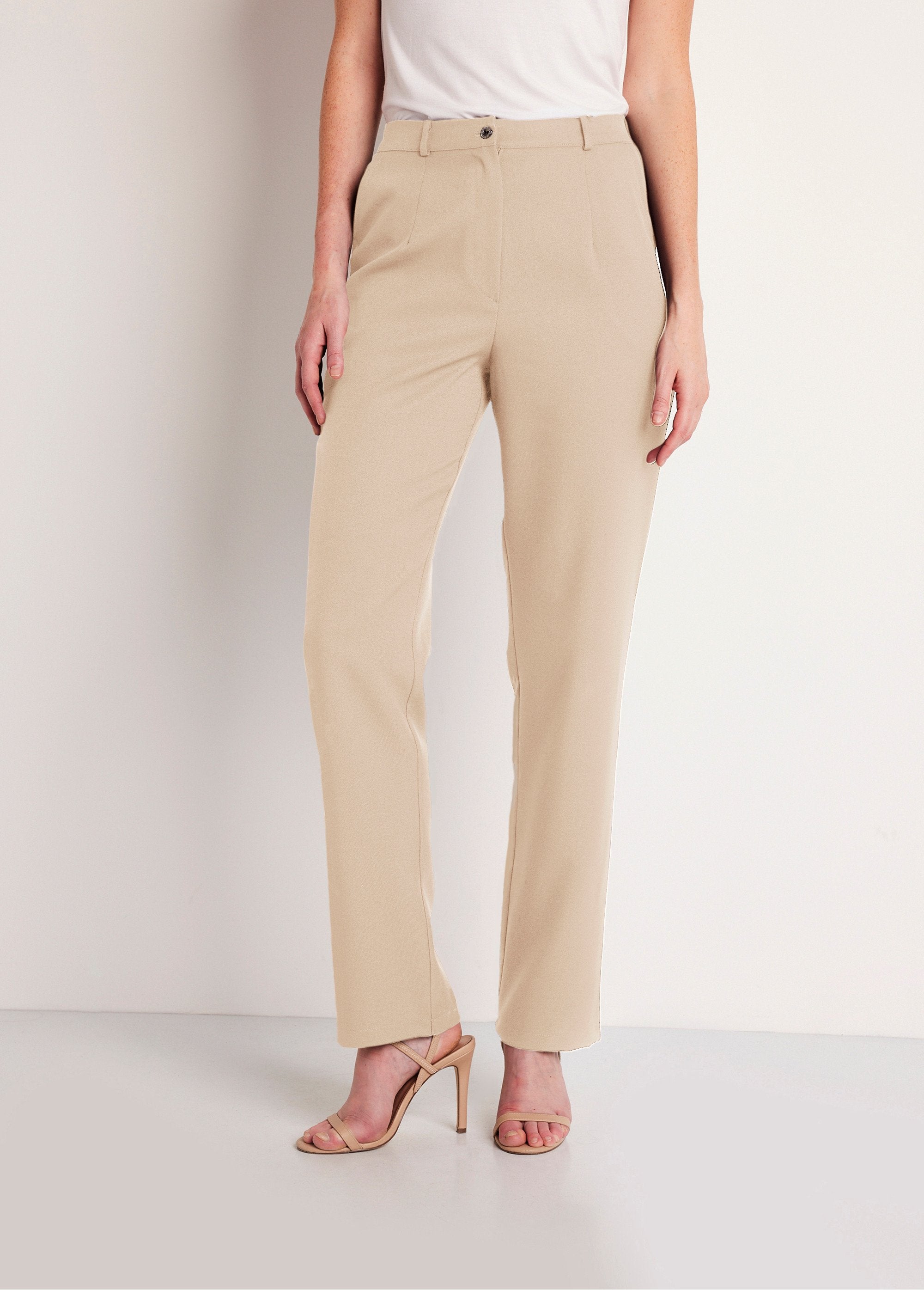 Pantalon_droit_uni_taille_semi_élastiquée_Sable_FA1_slim