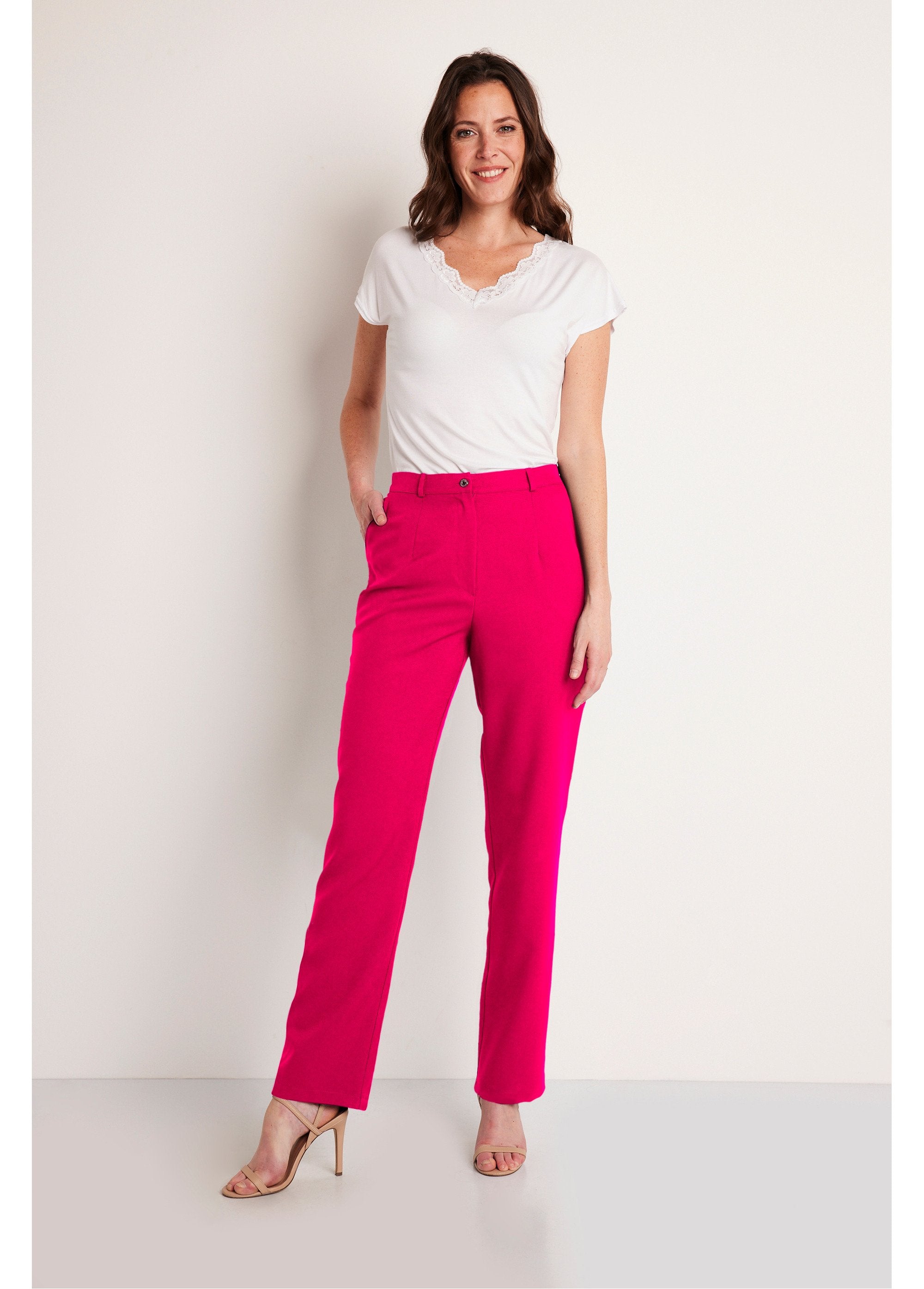 Pantalon_droit_uni_taille_semi_élastiquée_Framboise_SF1_slim