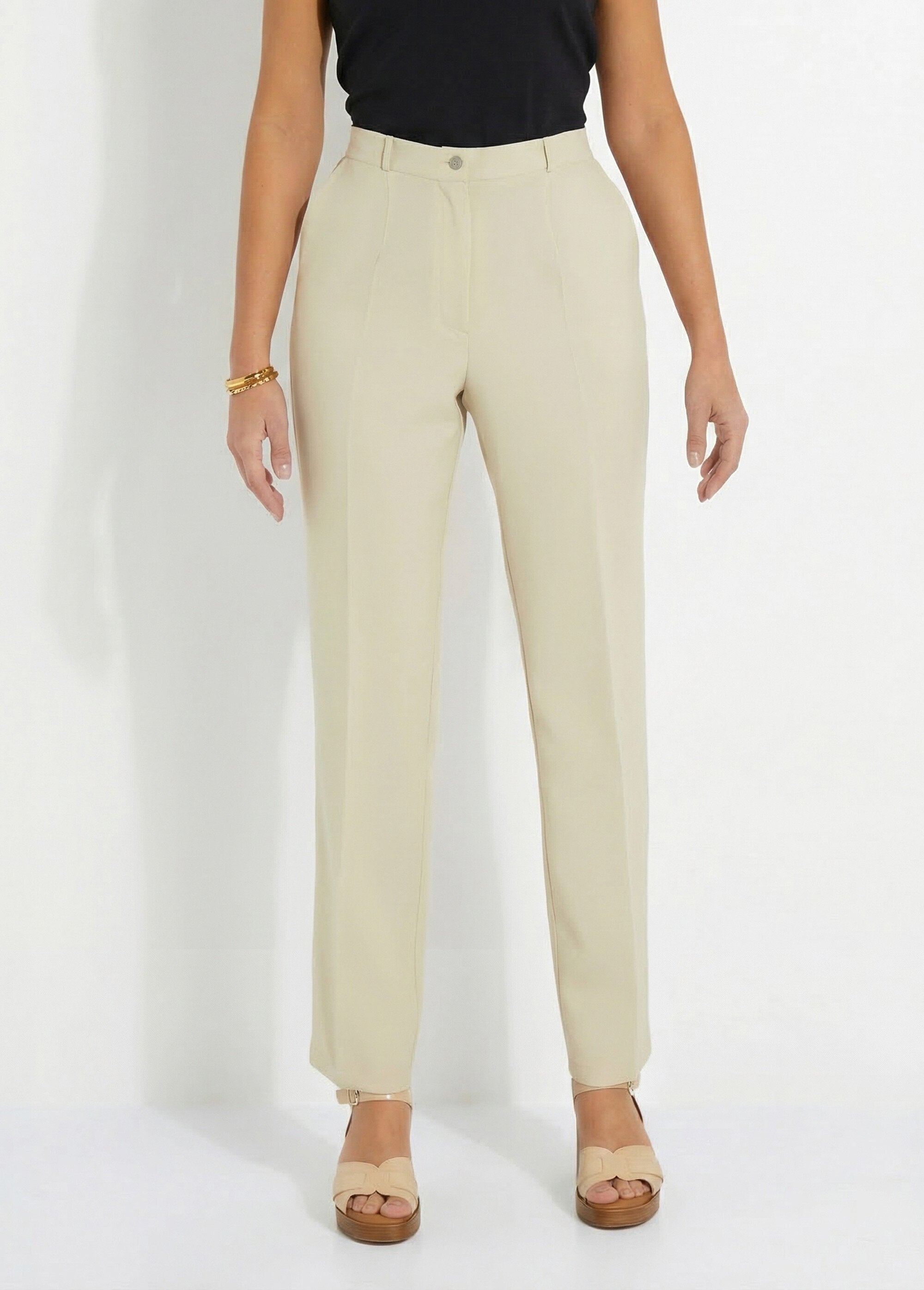 Pantalon_droit_uni_taille_semi_élastiquée_Sable_FA1_slim