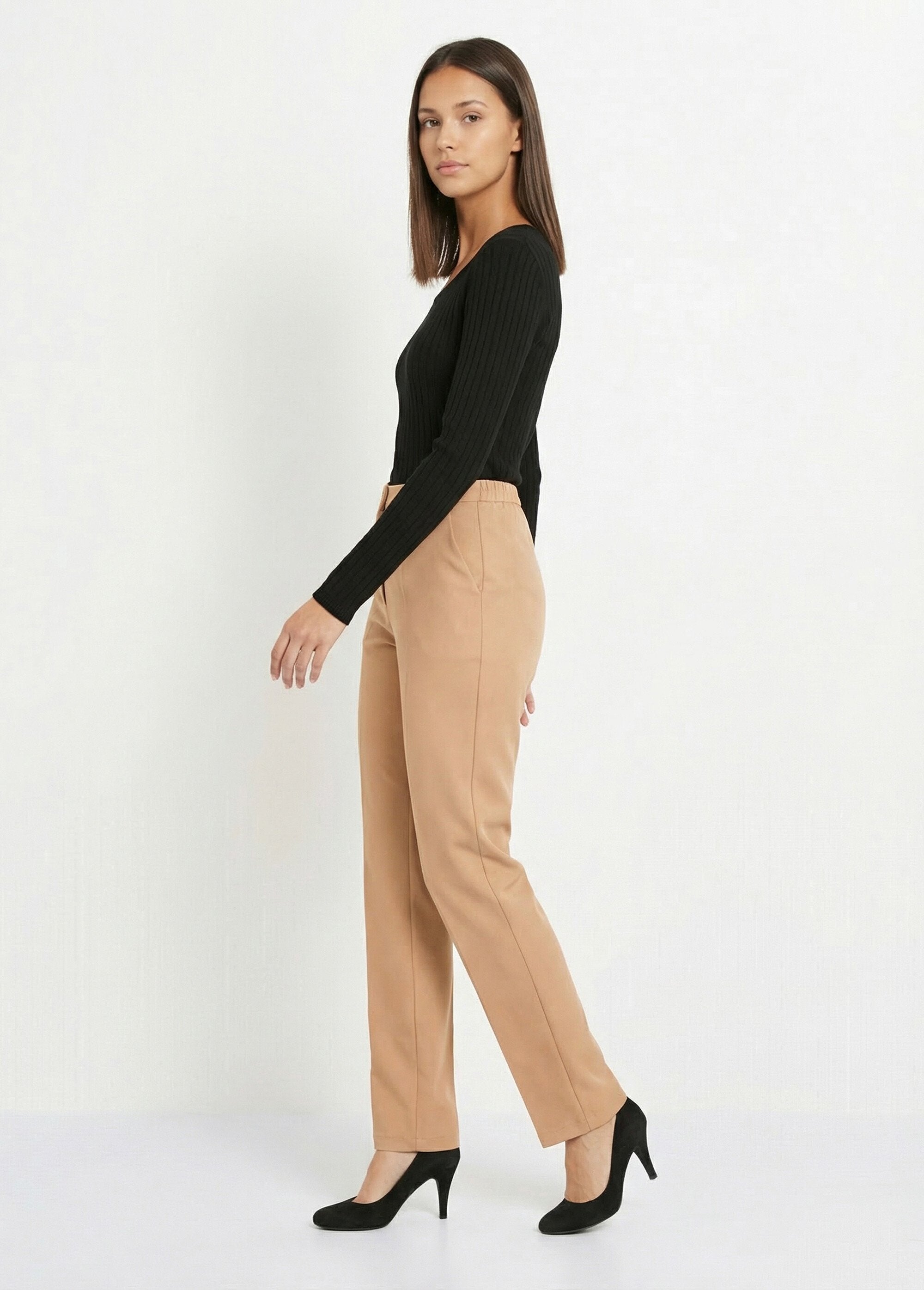 Pantalon_droit_uni_taille_semi_élastiquée_Beige_DR1_slim