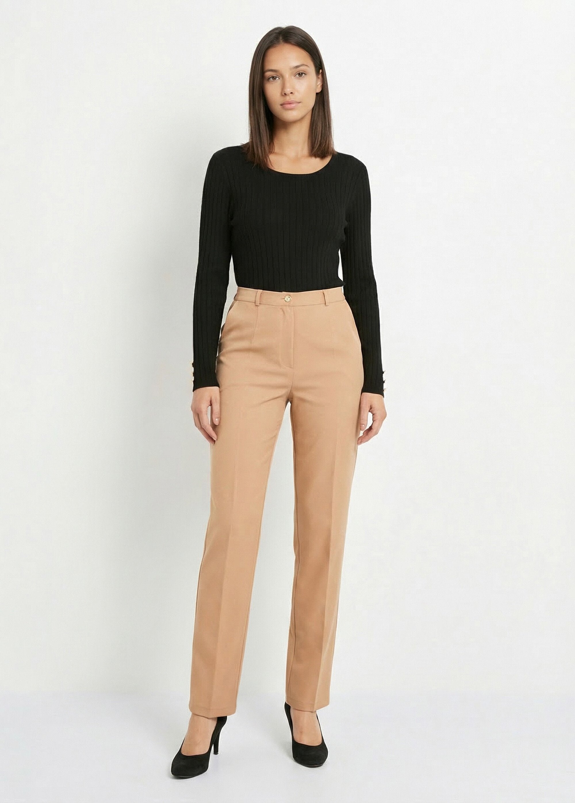 Pantalon_droit_uni_taille_semi_élastiquée_Beige_SF1_slim