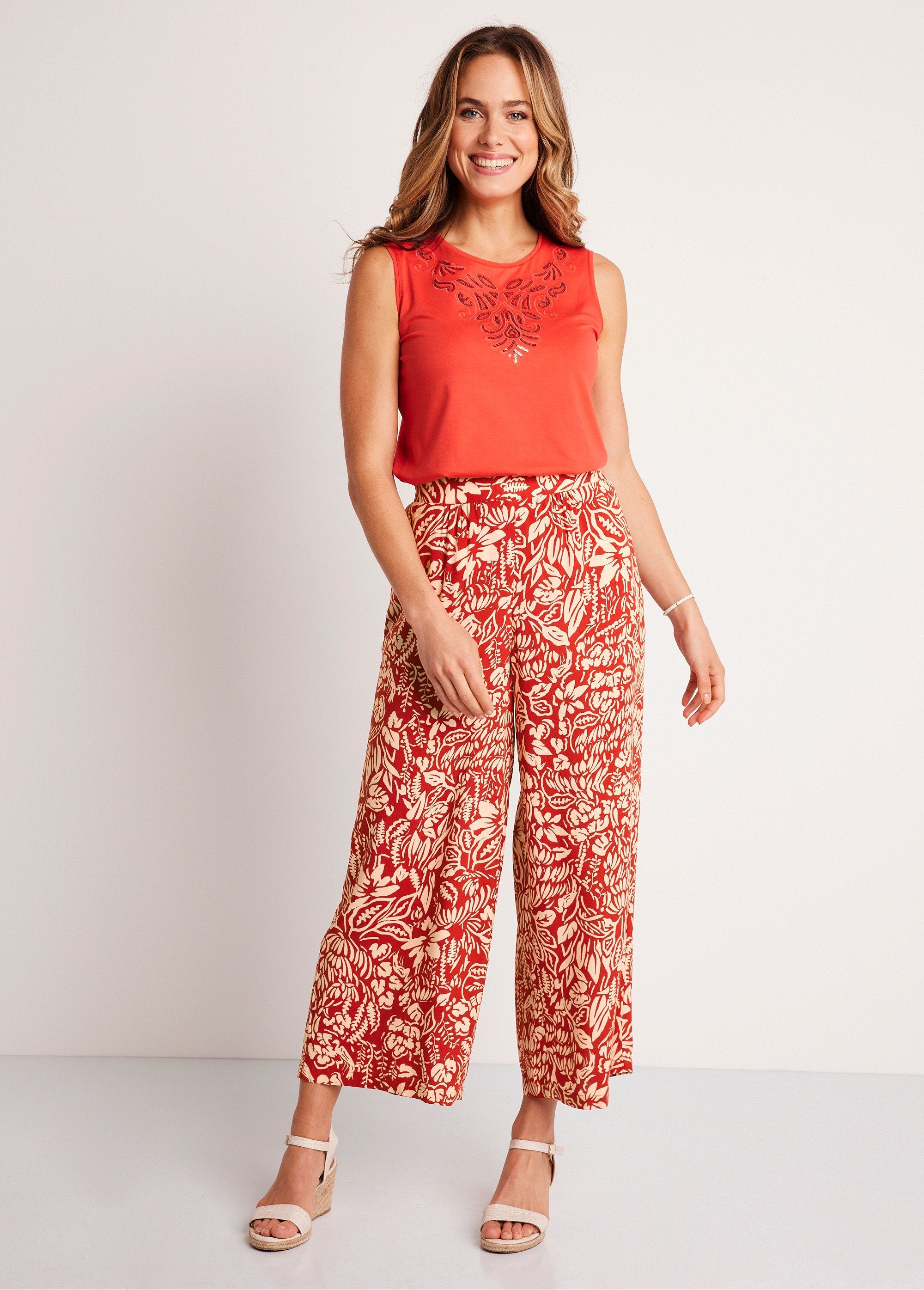 Pantalon_large_taille_élastiquée_fleuri_ou_uni_Tomette_et_ecru_SF1_slim