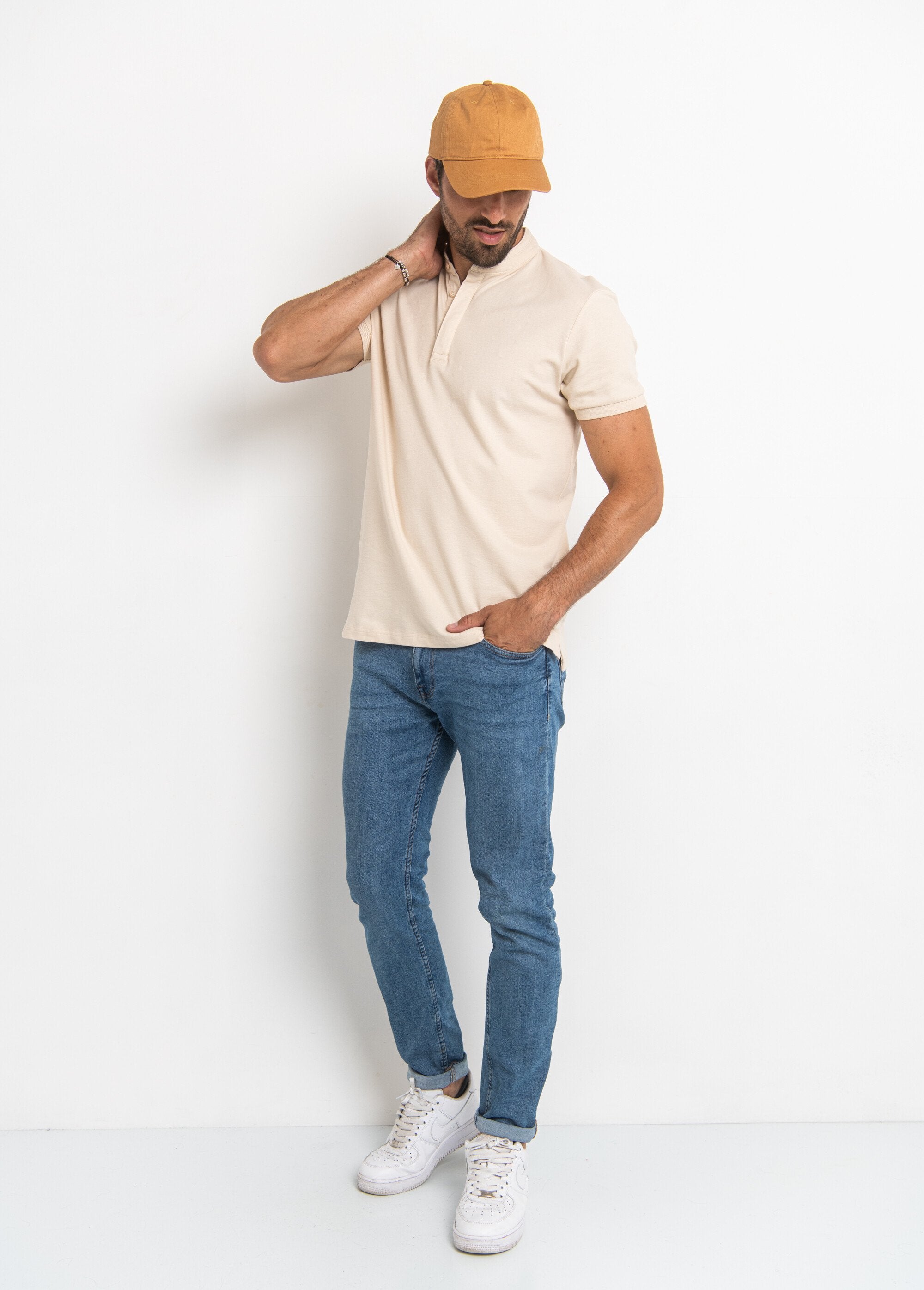 Polo_manches_courtes_avec_col_mao_Beige_SF1_slim