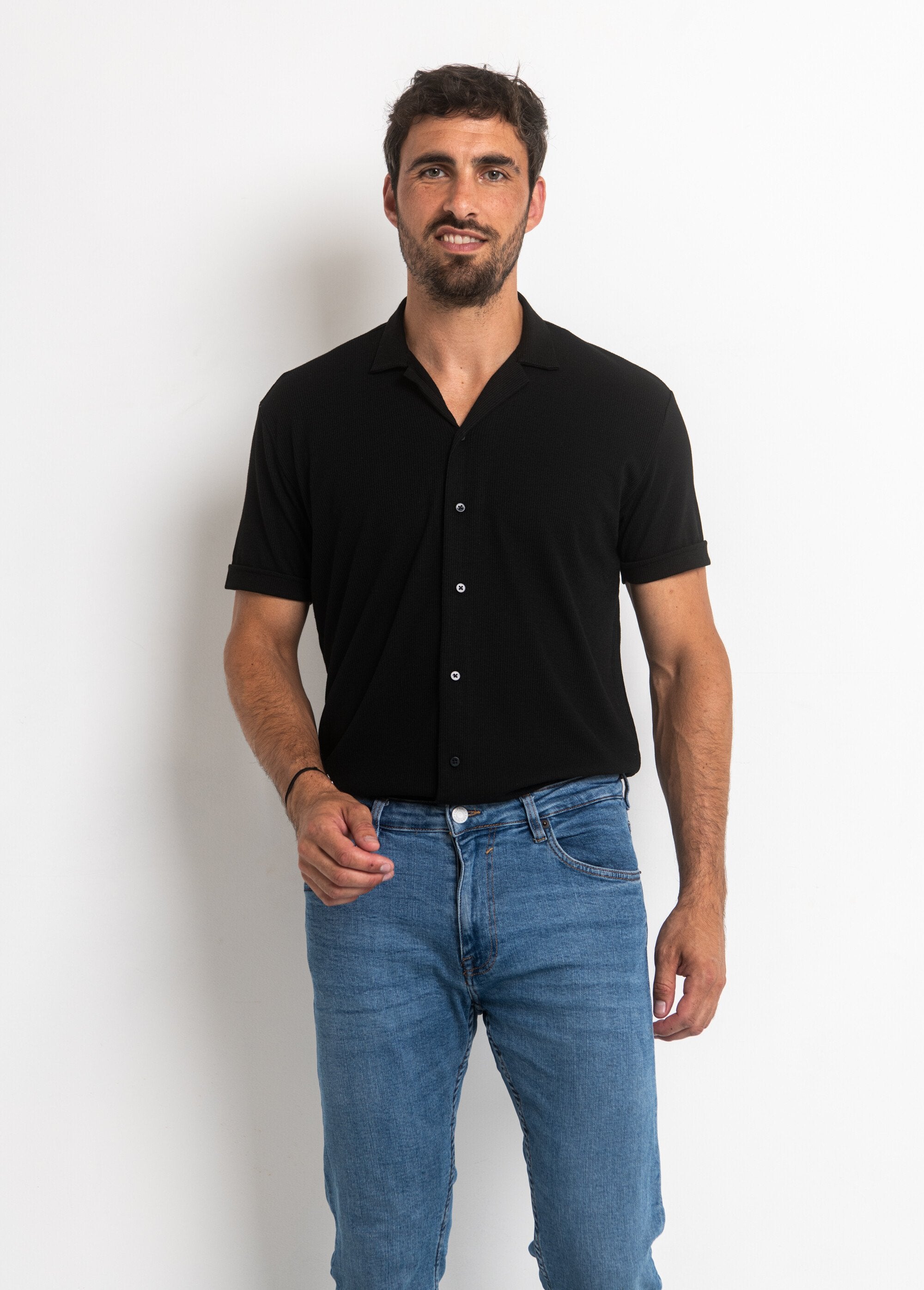 Polo_style_chemise_maille_fines_cotes_Noir_FA1_slim