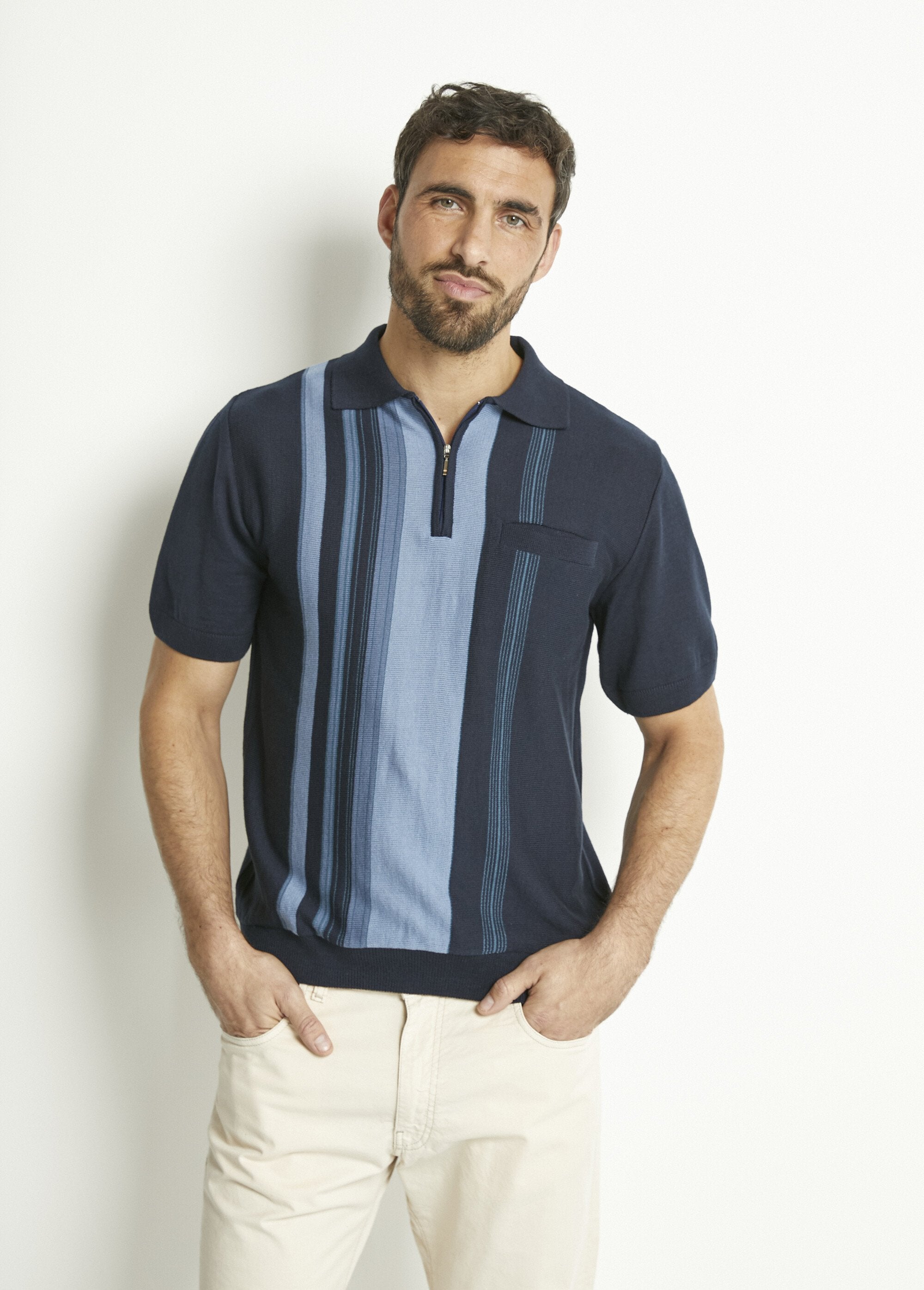 Polo_zippé_manches_courtes_rayures_jacquard_Marine_FA1_slim