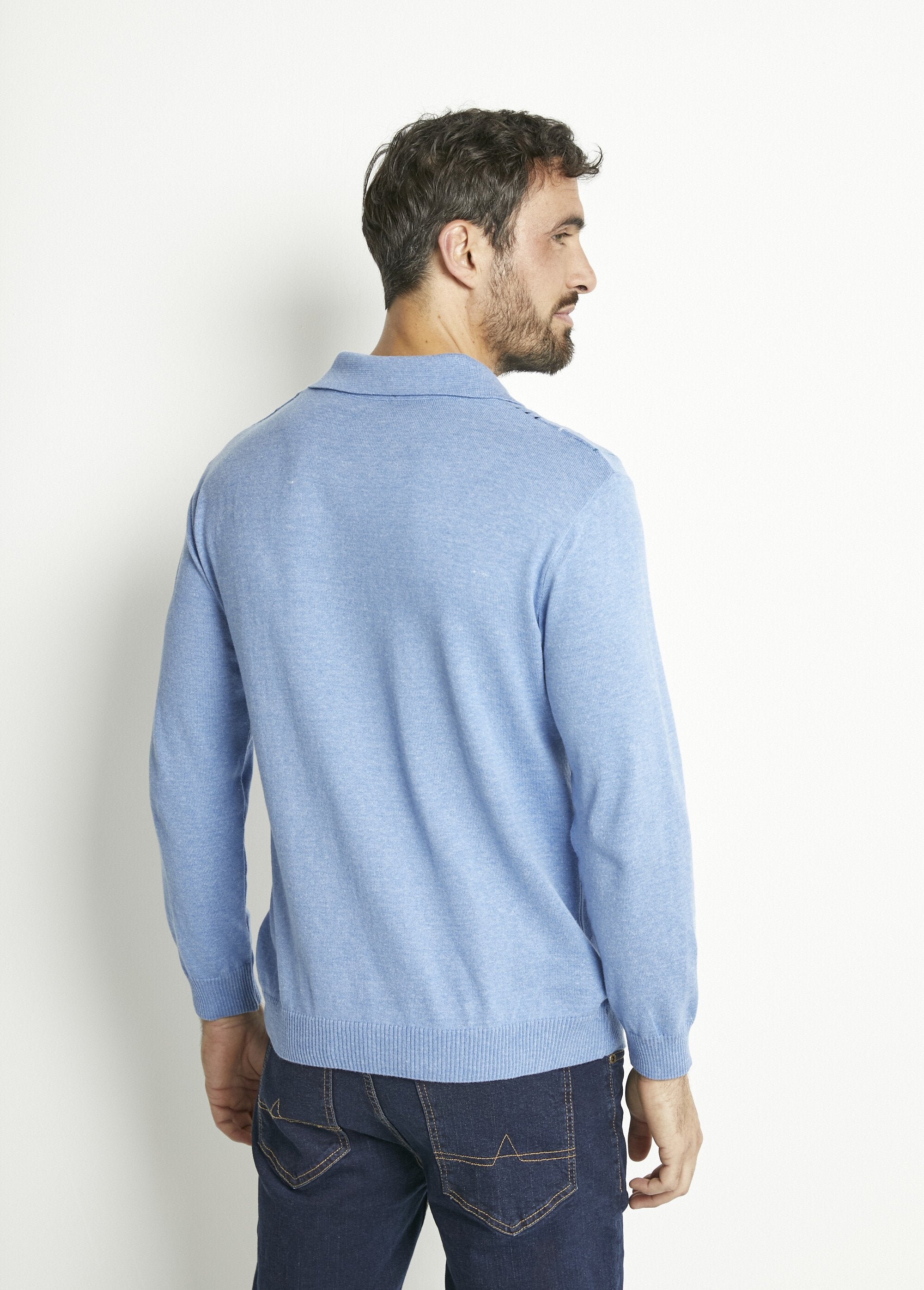 Polo_zippé_manches_longues_coton_jacquard_Bleu_DO1_slim