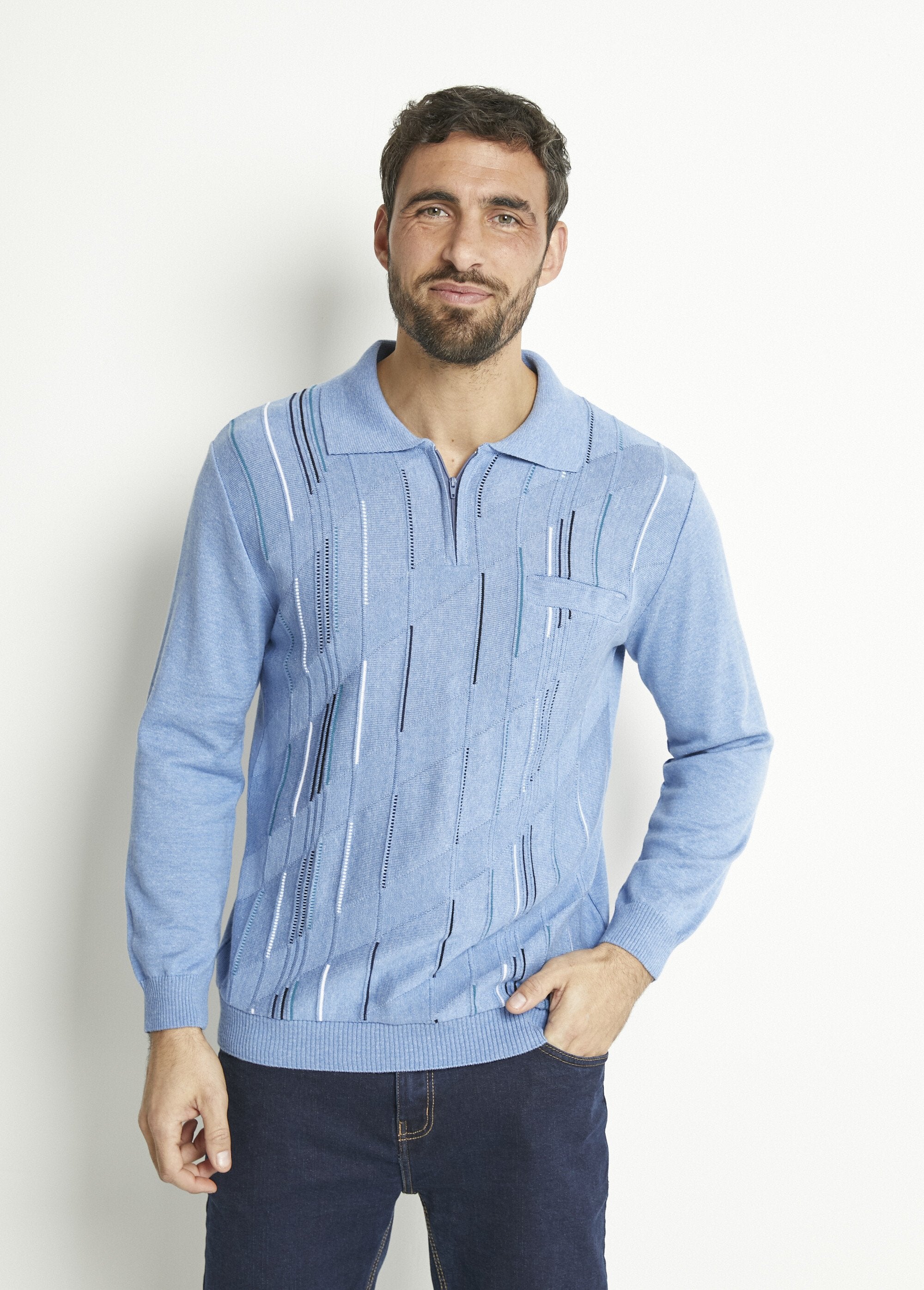 Polo_zippé_manches_longues_coton_jacquard_Bleu_FA1_slim