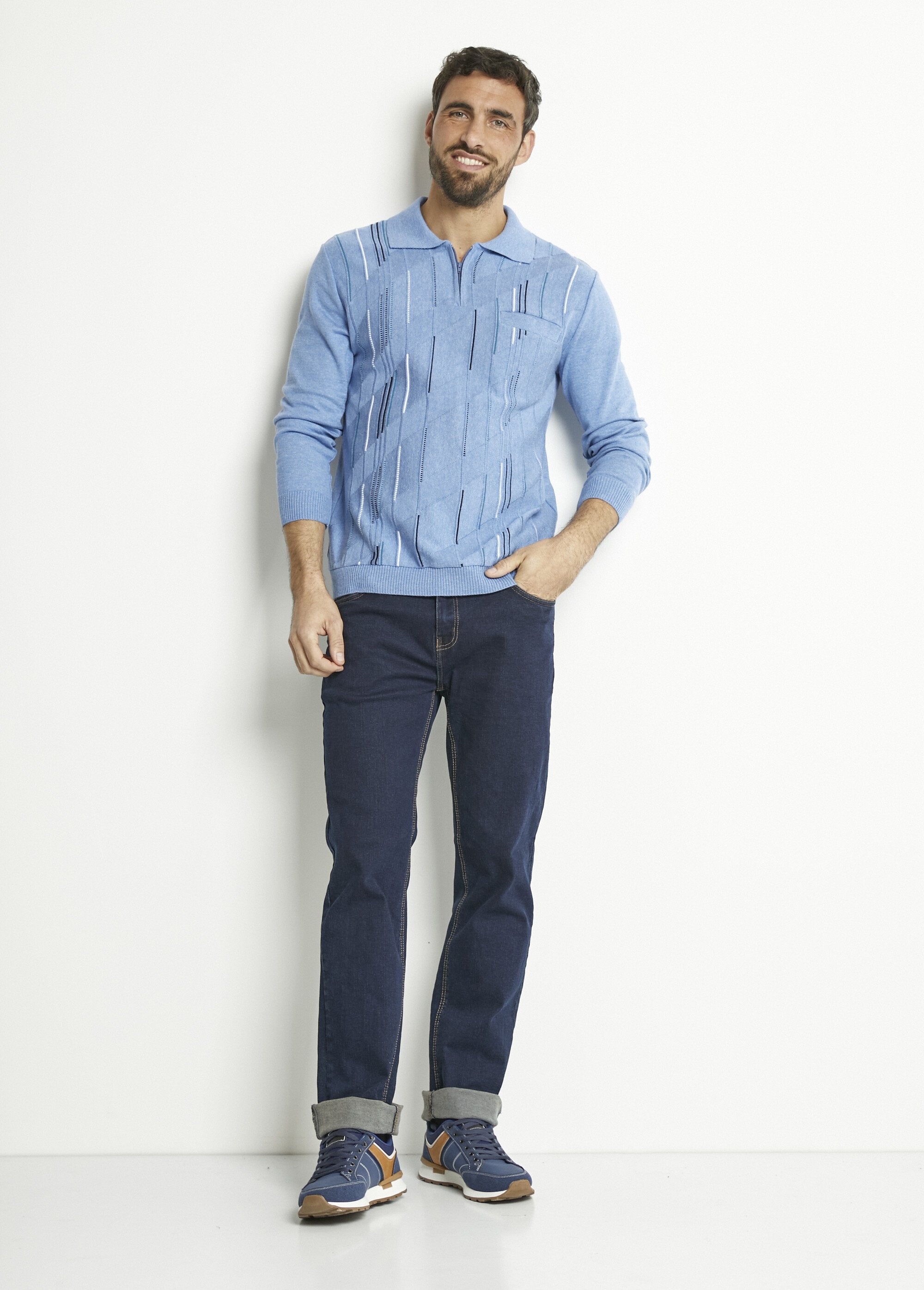 Polo_zippé_manches_longues_coton_jacquard_Bleu_SF1_slim