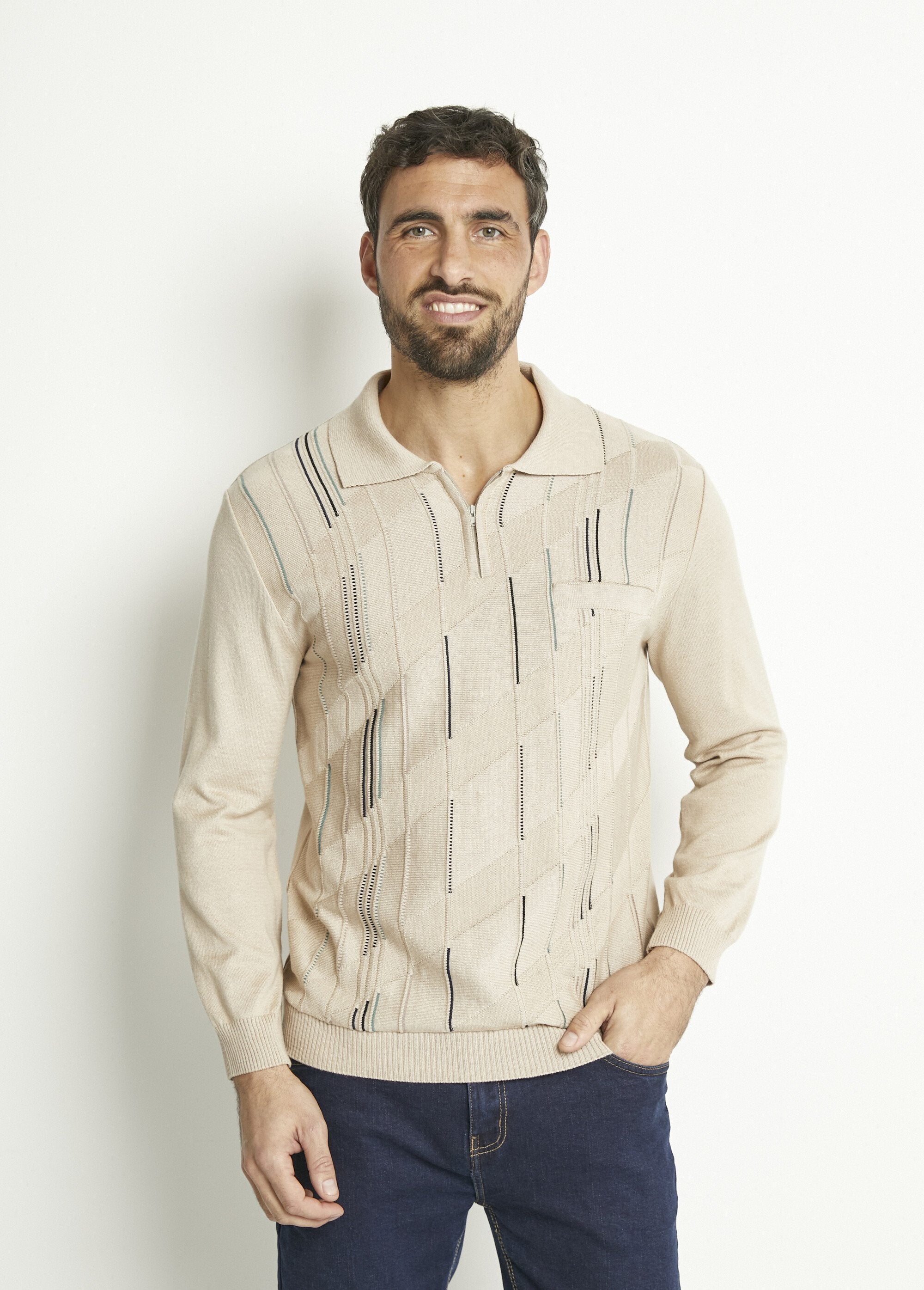 Polo_zippé_manches_longues_coton_jacquard_Beige_FA1_slim