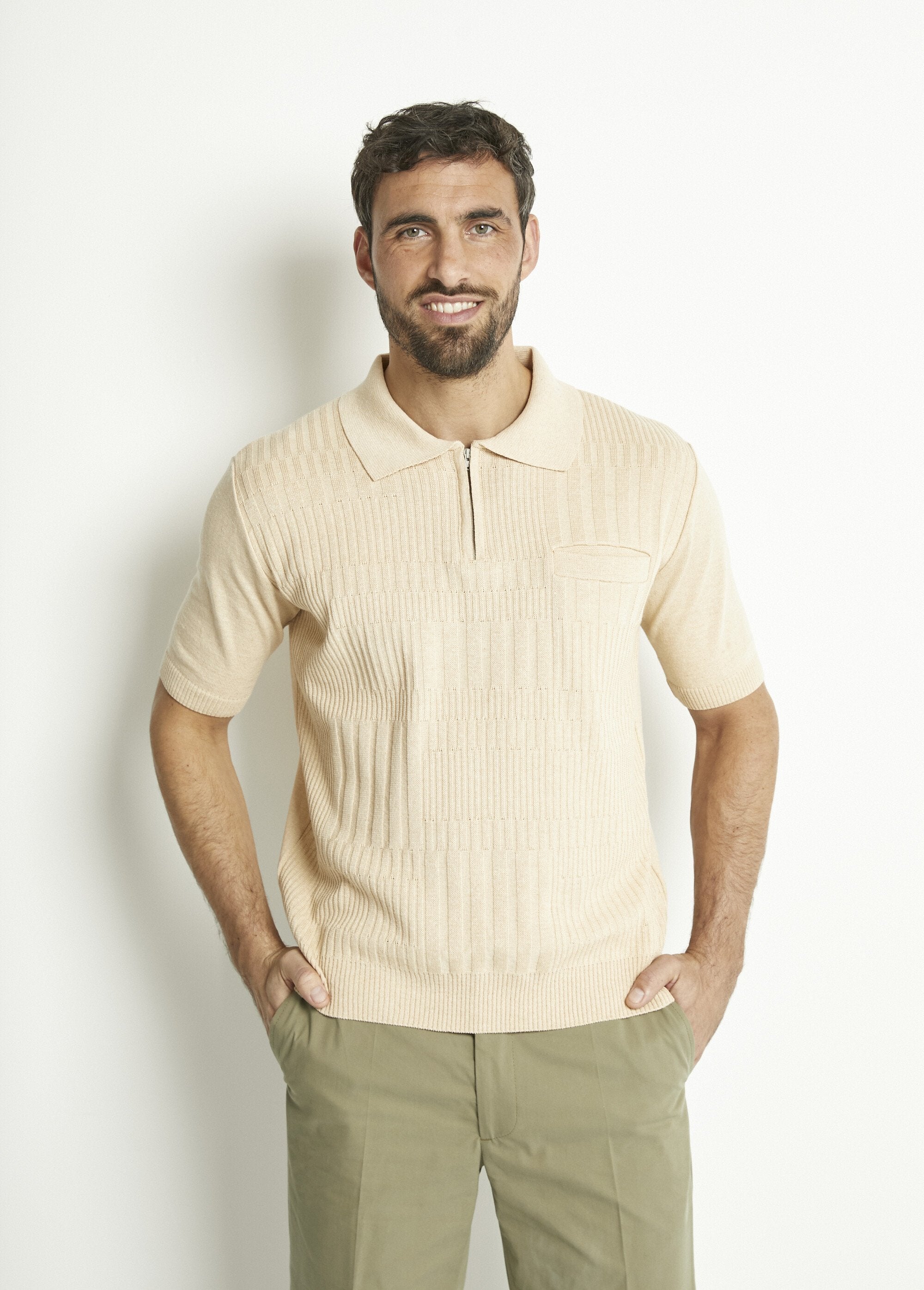 Polo_zippé_uni_manches_courtes_coton_cardé_Beige_FA1_slim