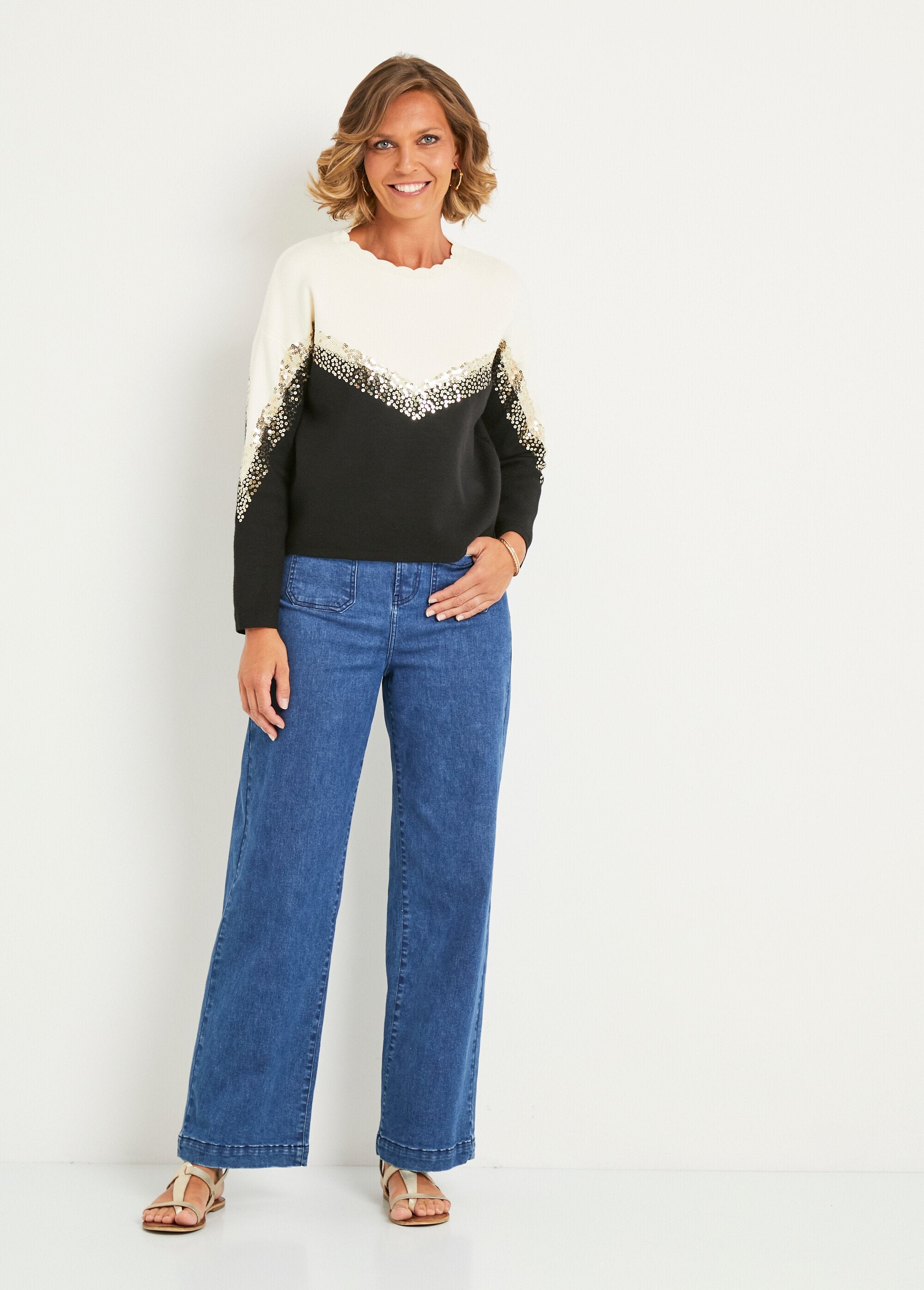 Pull_bicolore_manches_longues_à_sequins_Beige_et_noir_SF1_slim