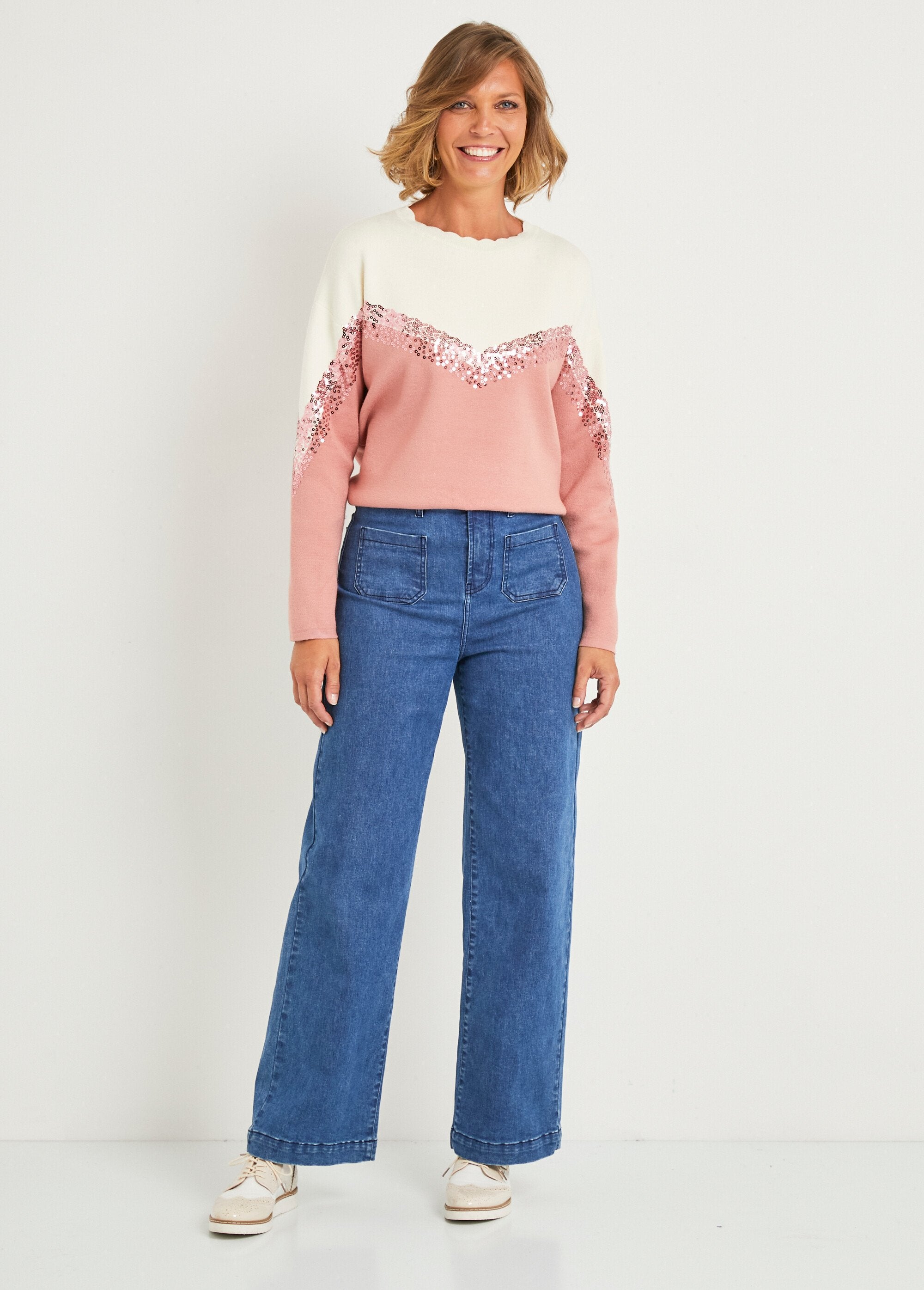 Pull_bicolore_manches_longues_à_sequins_Beige_et_rose_SF1_slim