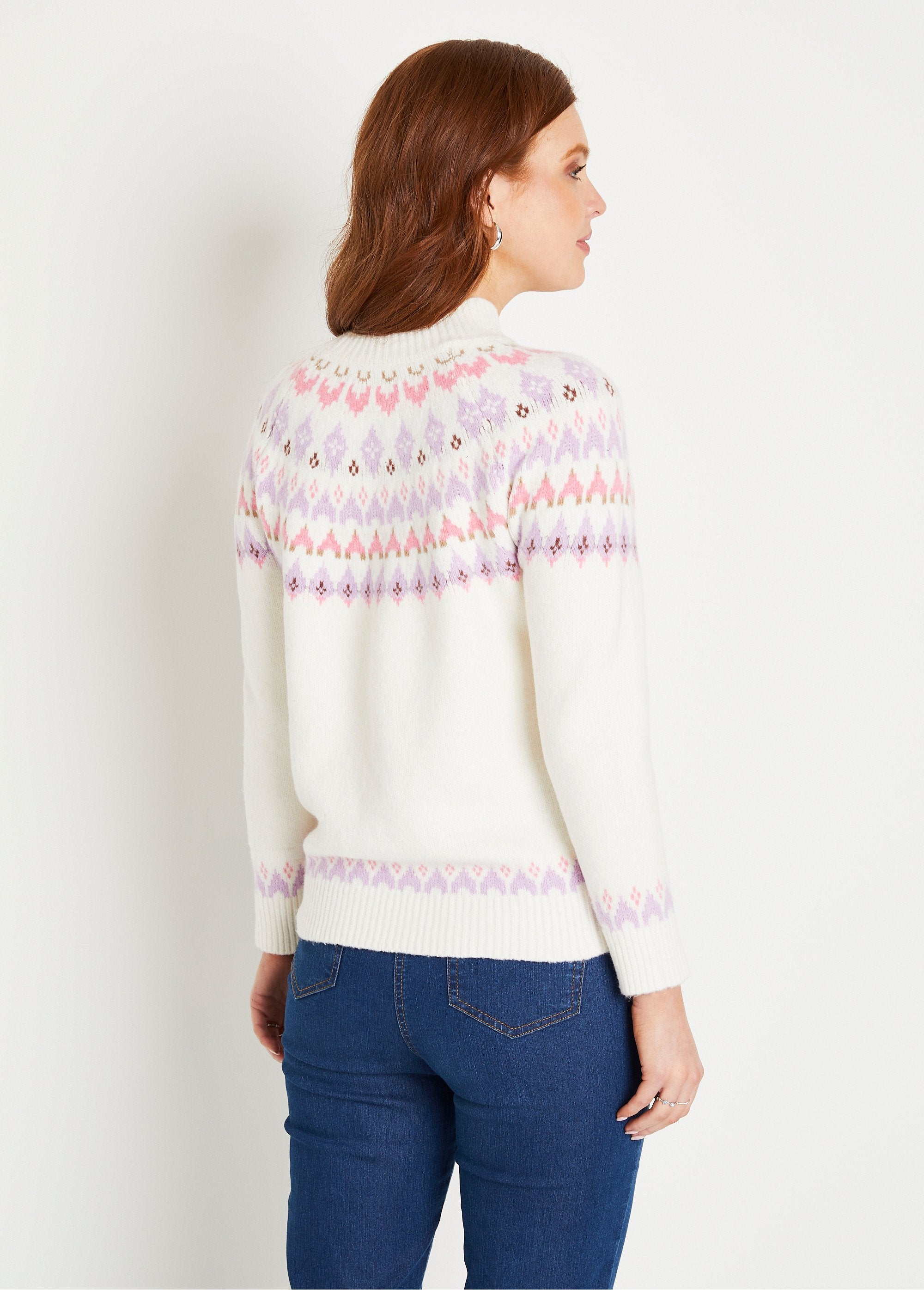 Pull_chaud_court_col_montant_jacquard_soleil_Ecru_et_rose_DO1_slim