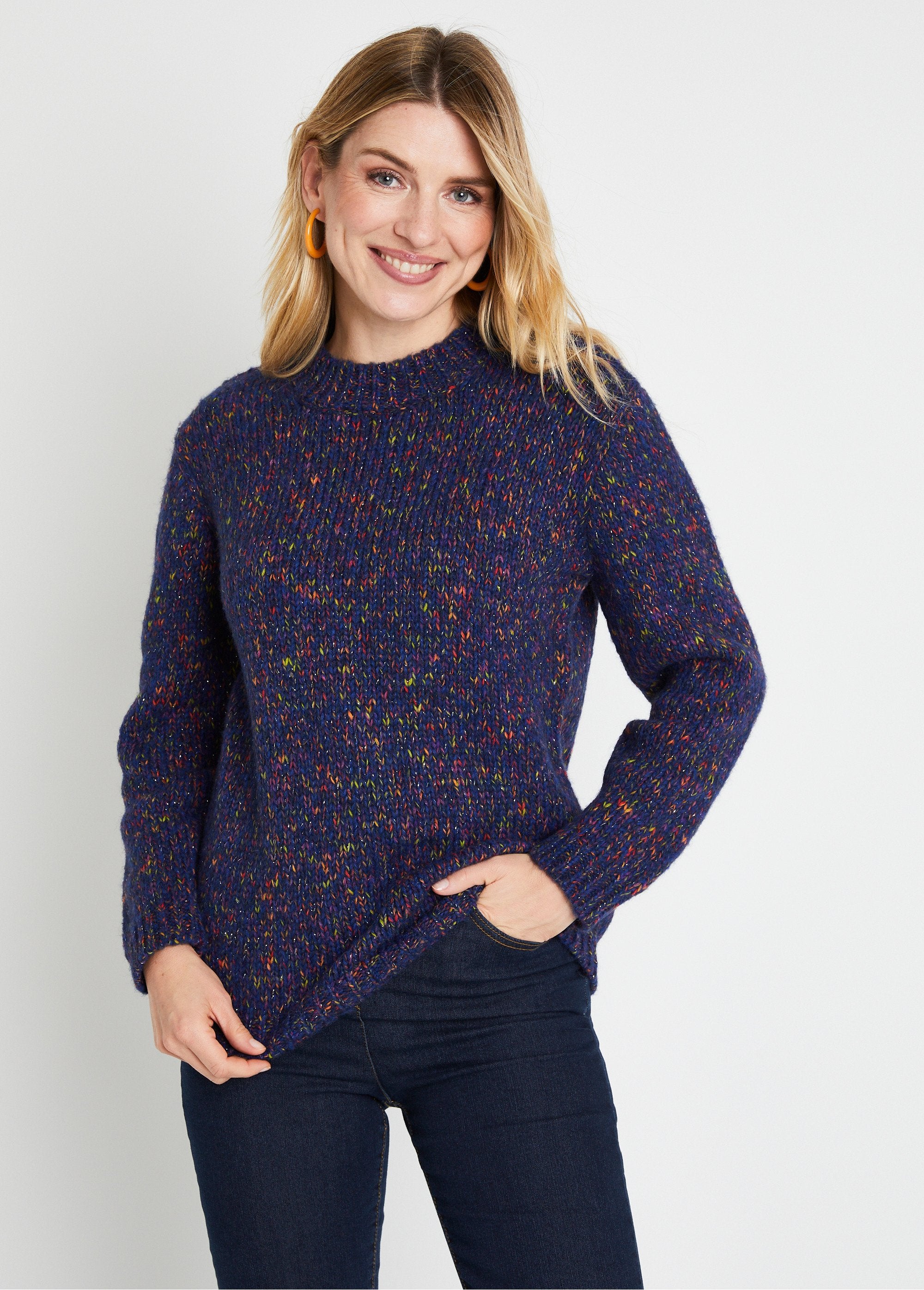 Pull_chaud_mouliné_col_rond_avec_laine_et_mohair_Marine_et_fuchsia_FA1_slim