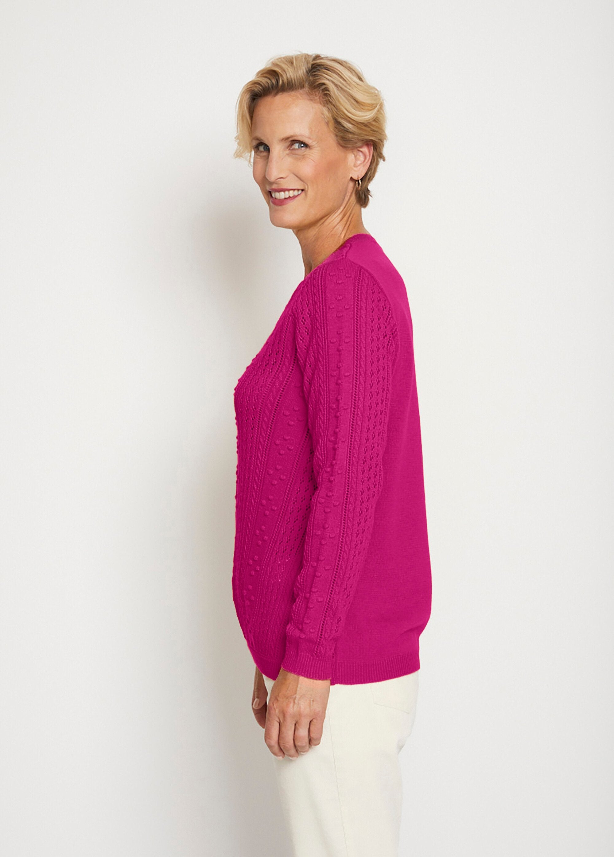 Pull_col_rond_maille_ajourée_et_boules_Fuchsia_DR1_slim