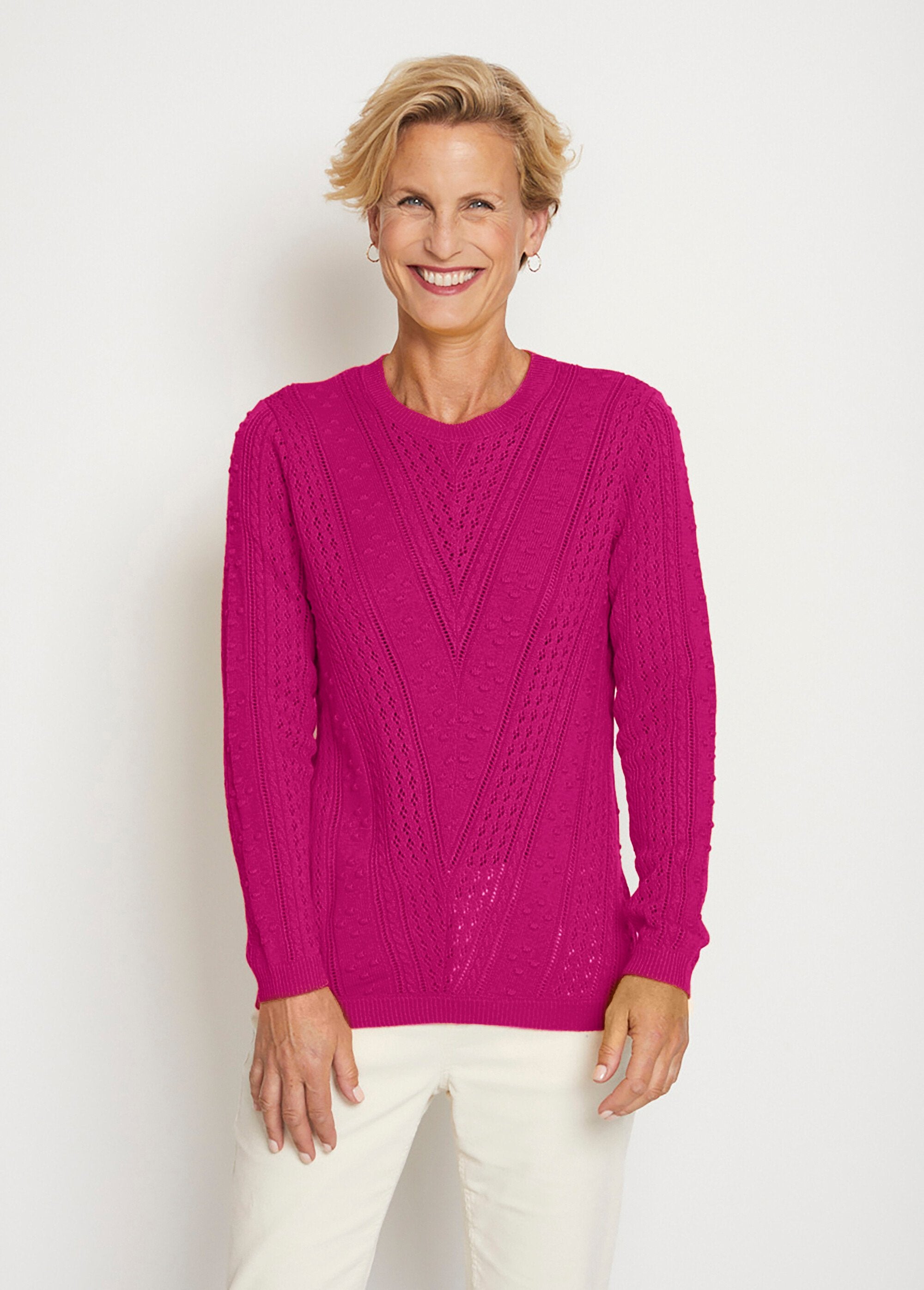 Pull_col_rond_maille_ajourée_et_boules_Fuchsia_FA1_slim