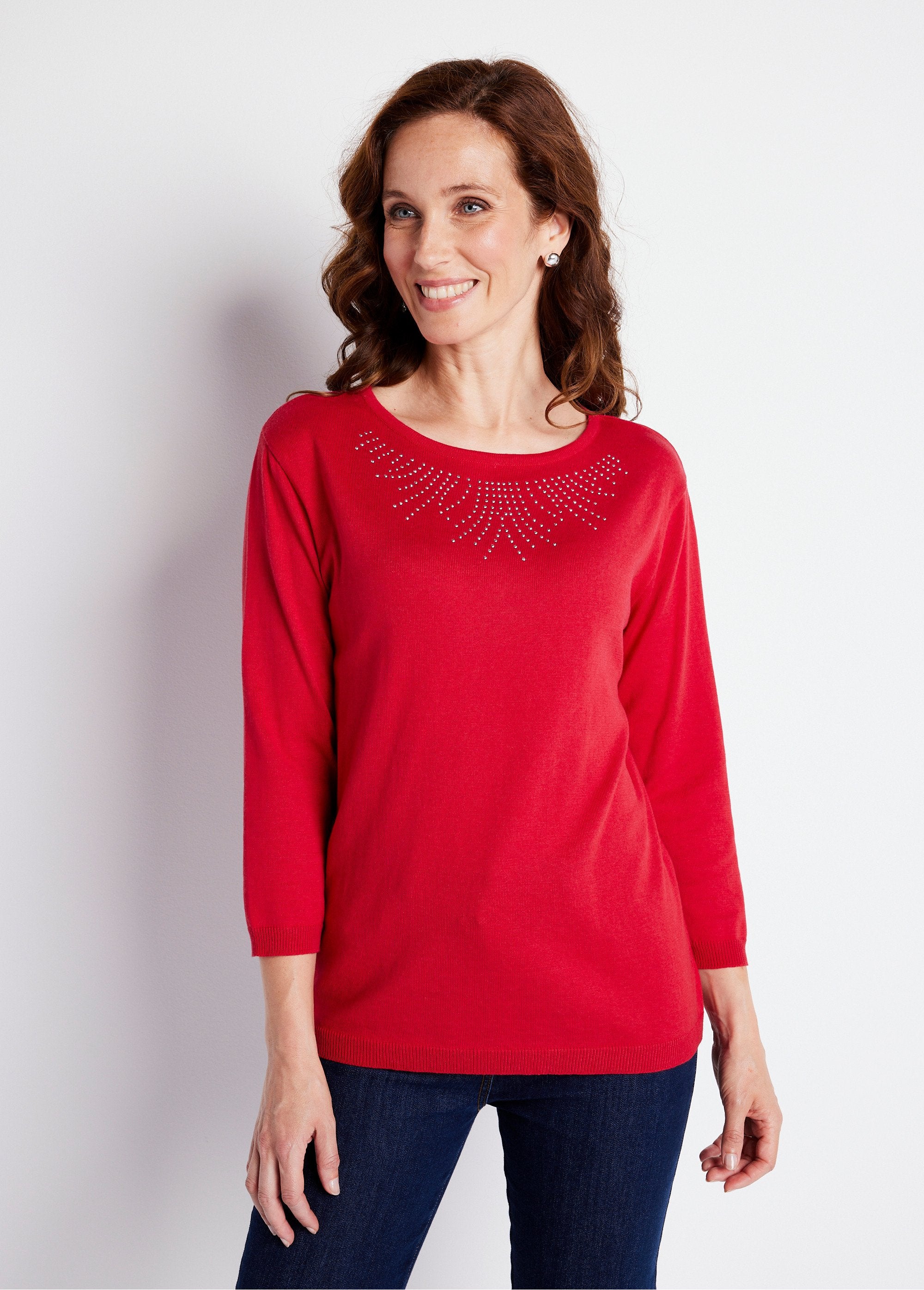 Pull_col_rond_manches_3/4_fantaisie_cloutée_Cerise_FA1_slim