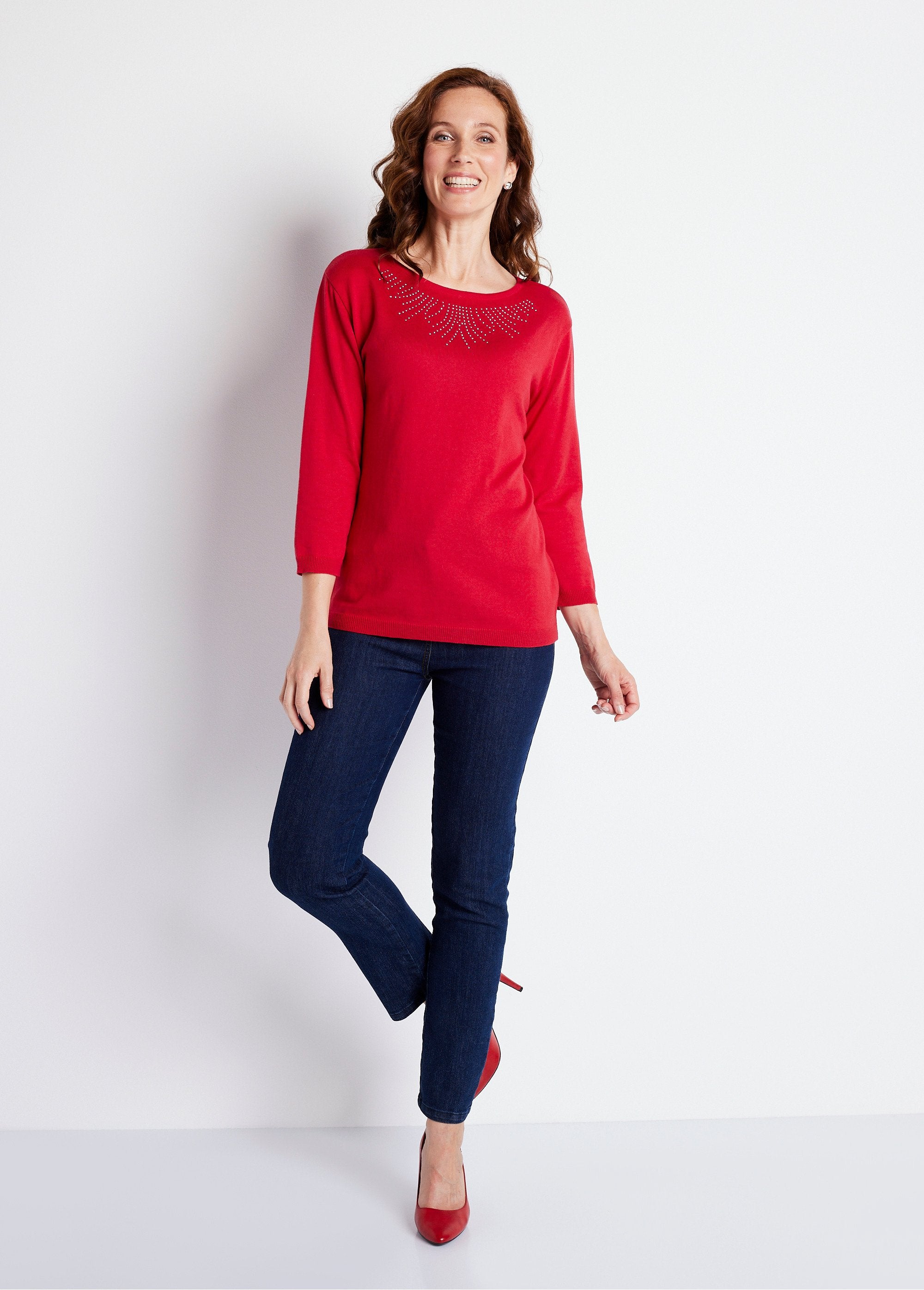 Pull_col_rond_manches_3/4_fantaisie_cloutée_Cerise_SF1_slim