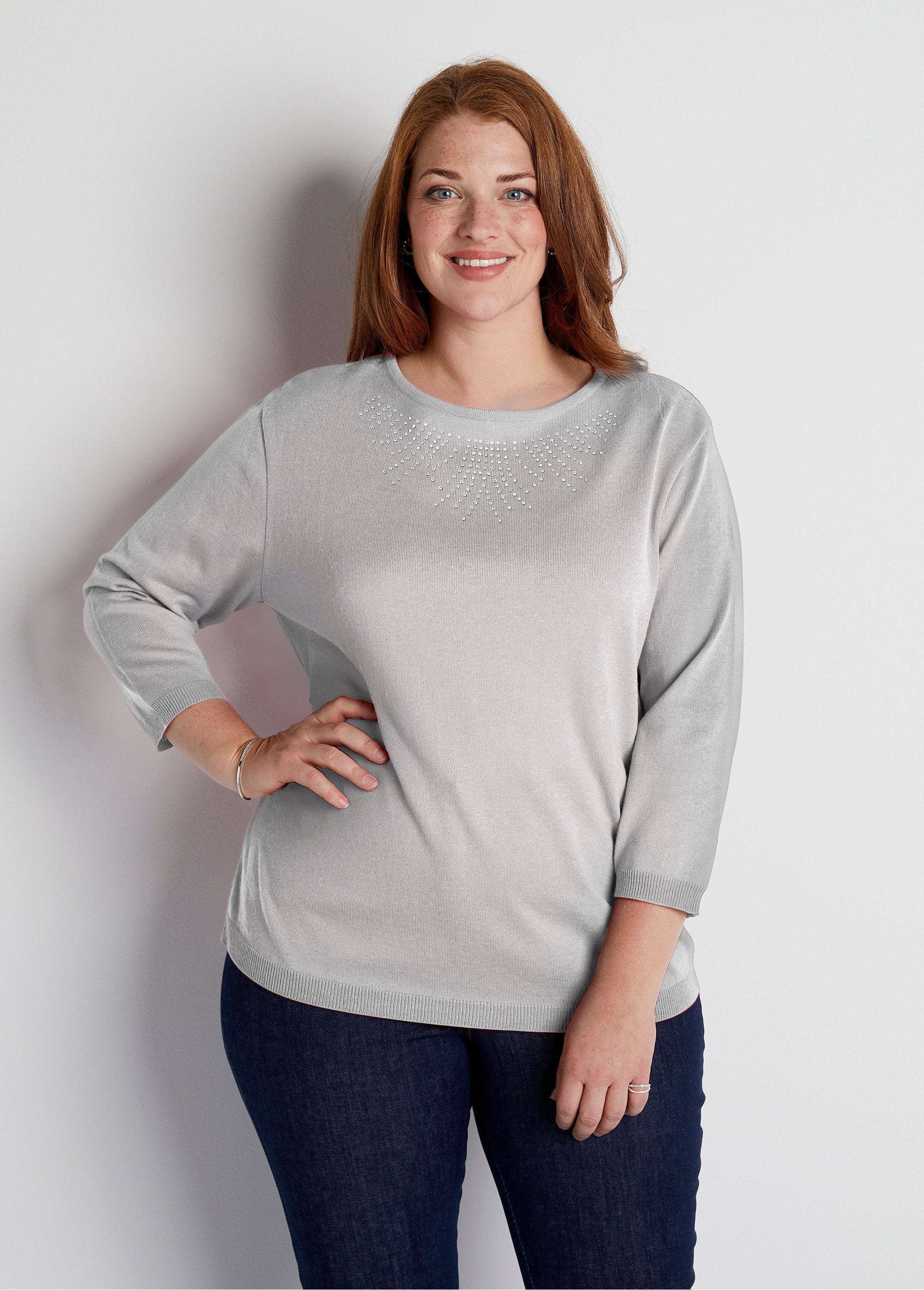 Pull_col_rond_manches_3/4_fantaisie_cloutée_Argent_FA1_curvy