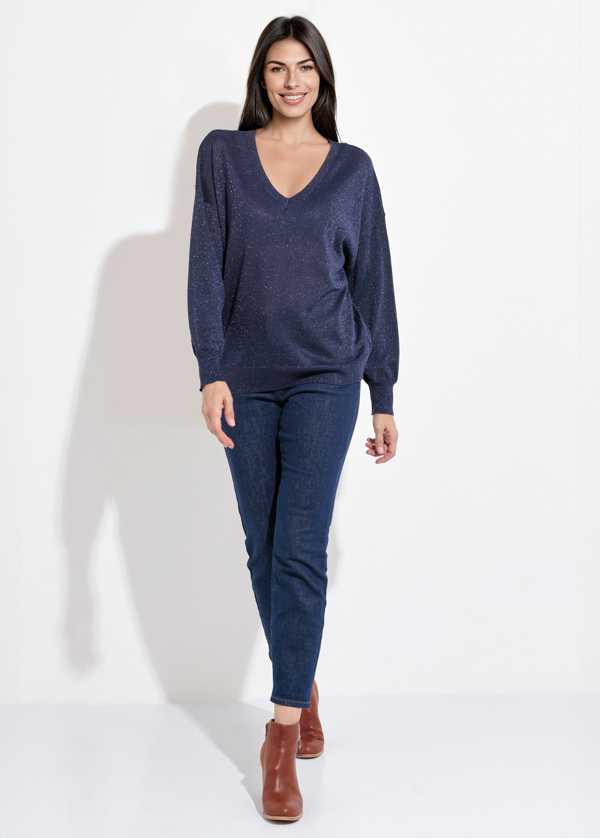 Pull_col_V_maille_fine_jauge_métallisée_Marine_SF1_slim