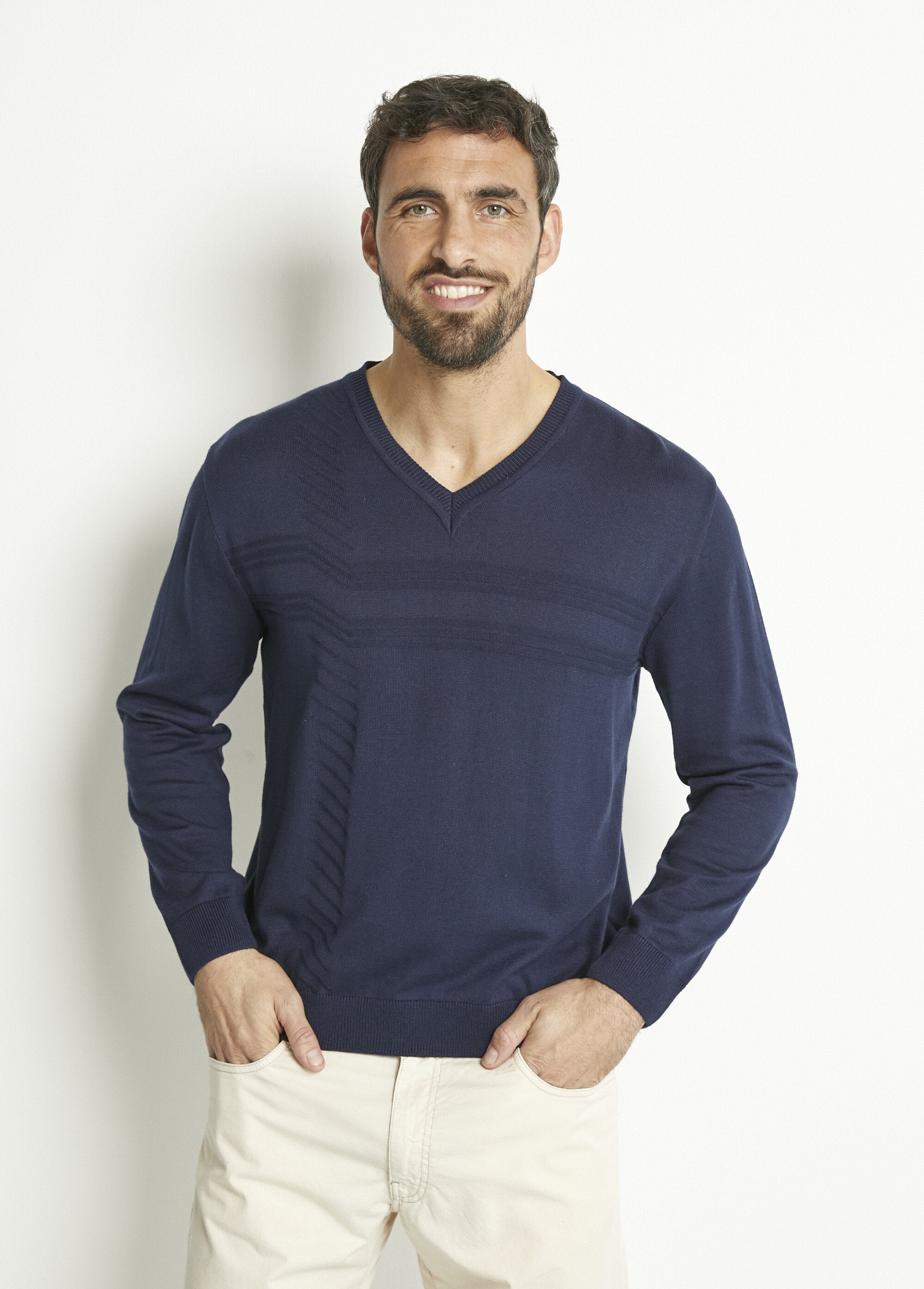 Pull_col_V_manches_longues_coton_Marine_FA1_slim