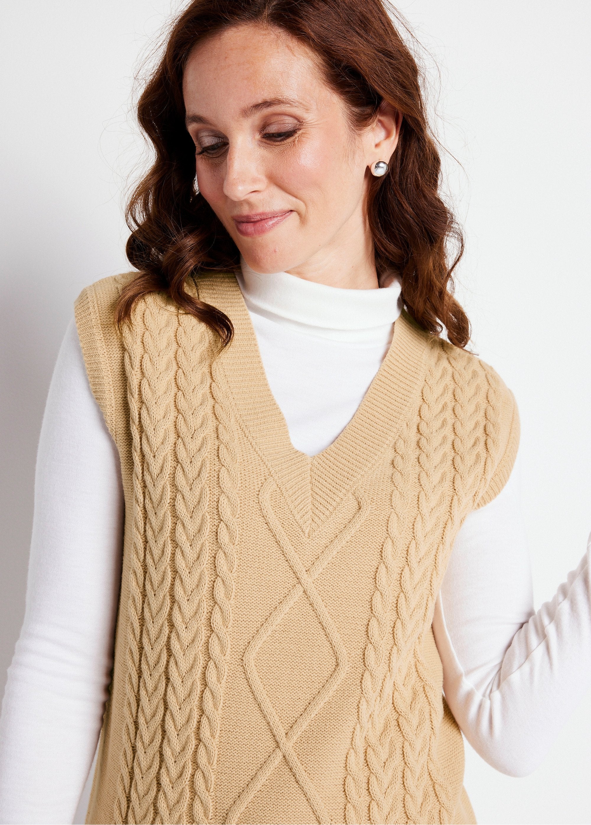 Pull_col_V_sans_manches_maille_fantaisie_Beige_DE1_slim