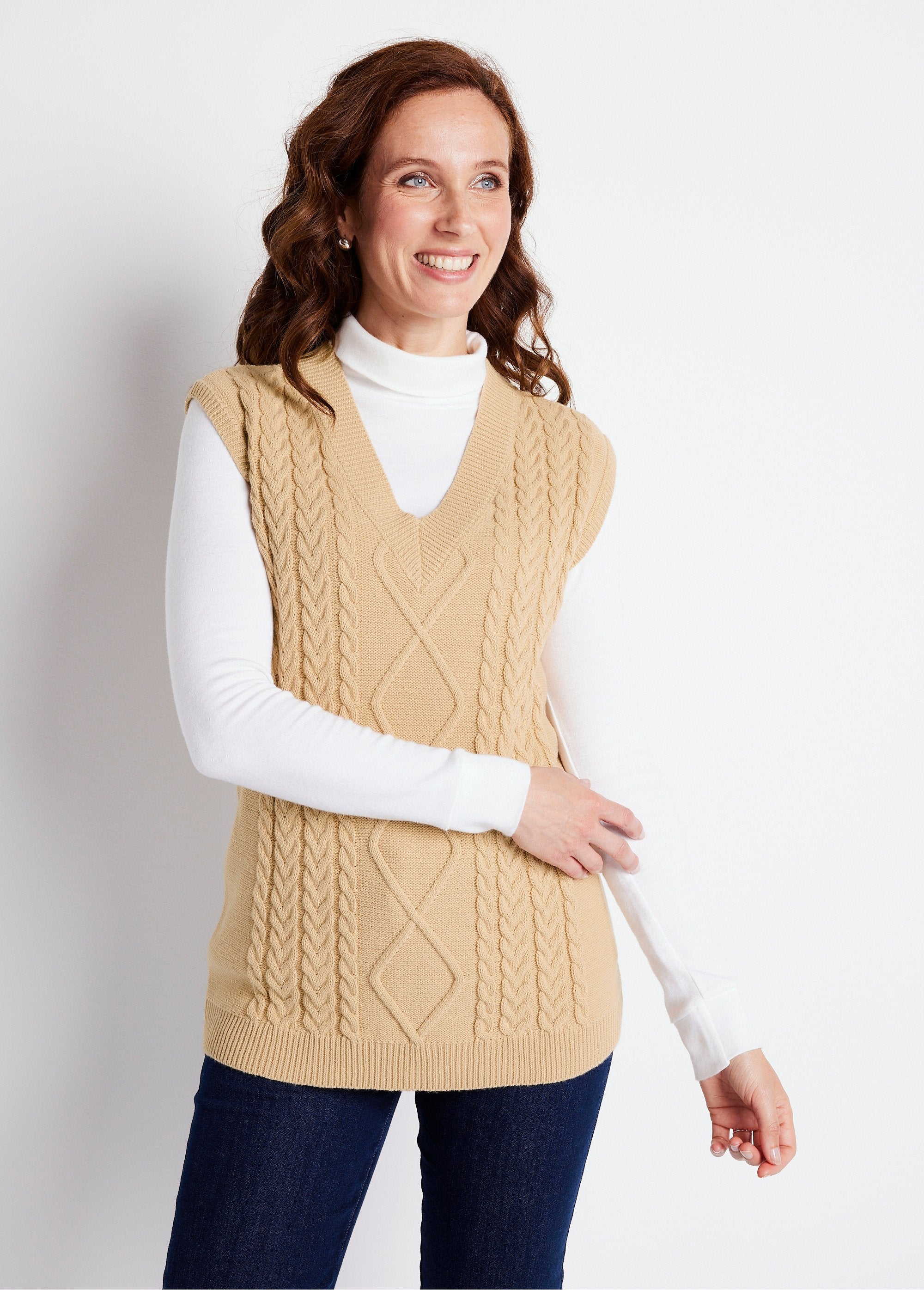 Pull_col_V_sans_manches_maille_fantaisie_Beige_FA1_slim